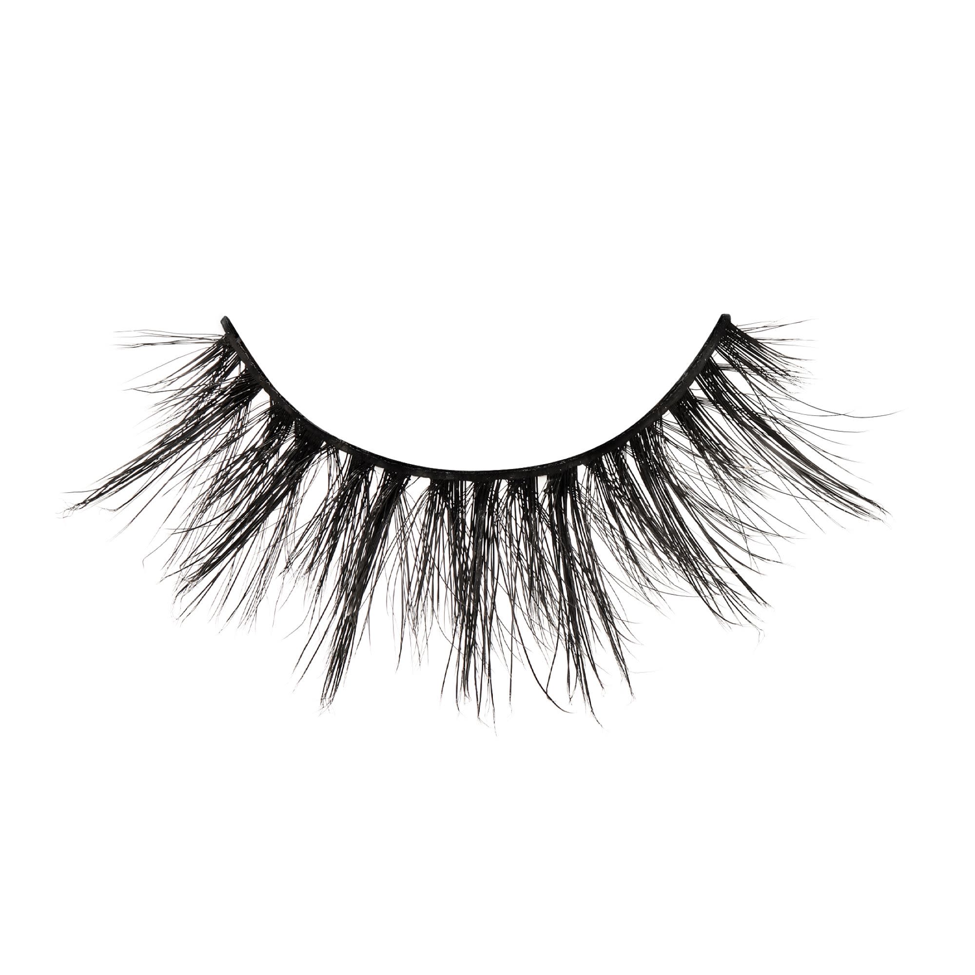 Single strip of KISS Lash Couture Matte Black false eyelashes with a sheer matte finish, featuring long, wispy, and voluminous black fibers on a thin black band.