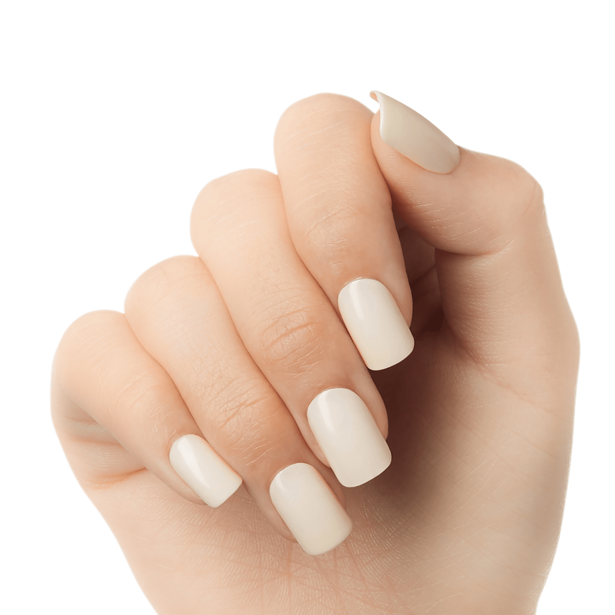 Hand showing KISS Gel Fantasy press-on glue nails in a smooth, glossy creamy off-white color with a medium square shape.