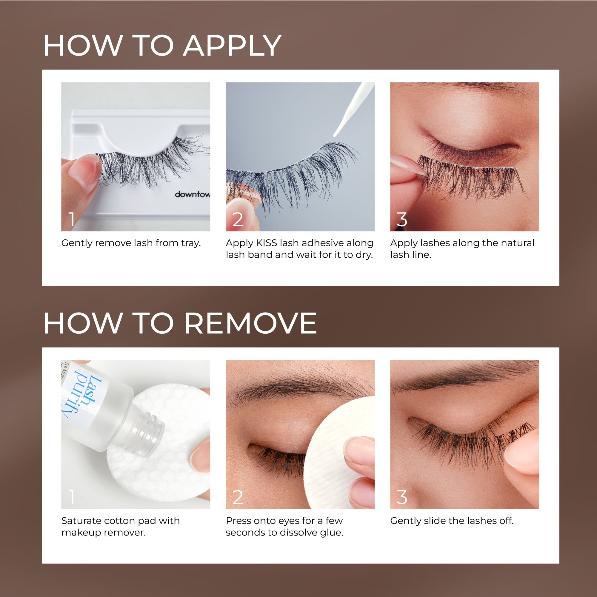 Instructions on brown background with white boxes showing step-by-step application and removal of KISS Lash Couture Naked Drama False Eyelashes. Application: removing lash from tray, applying adhesive to lash band, and placing lashes along natural lash line.