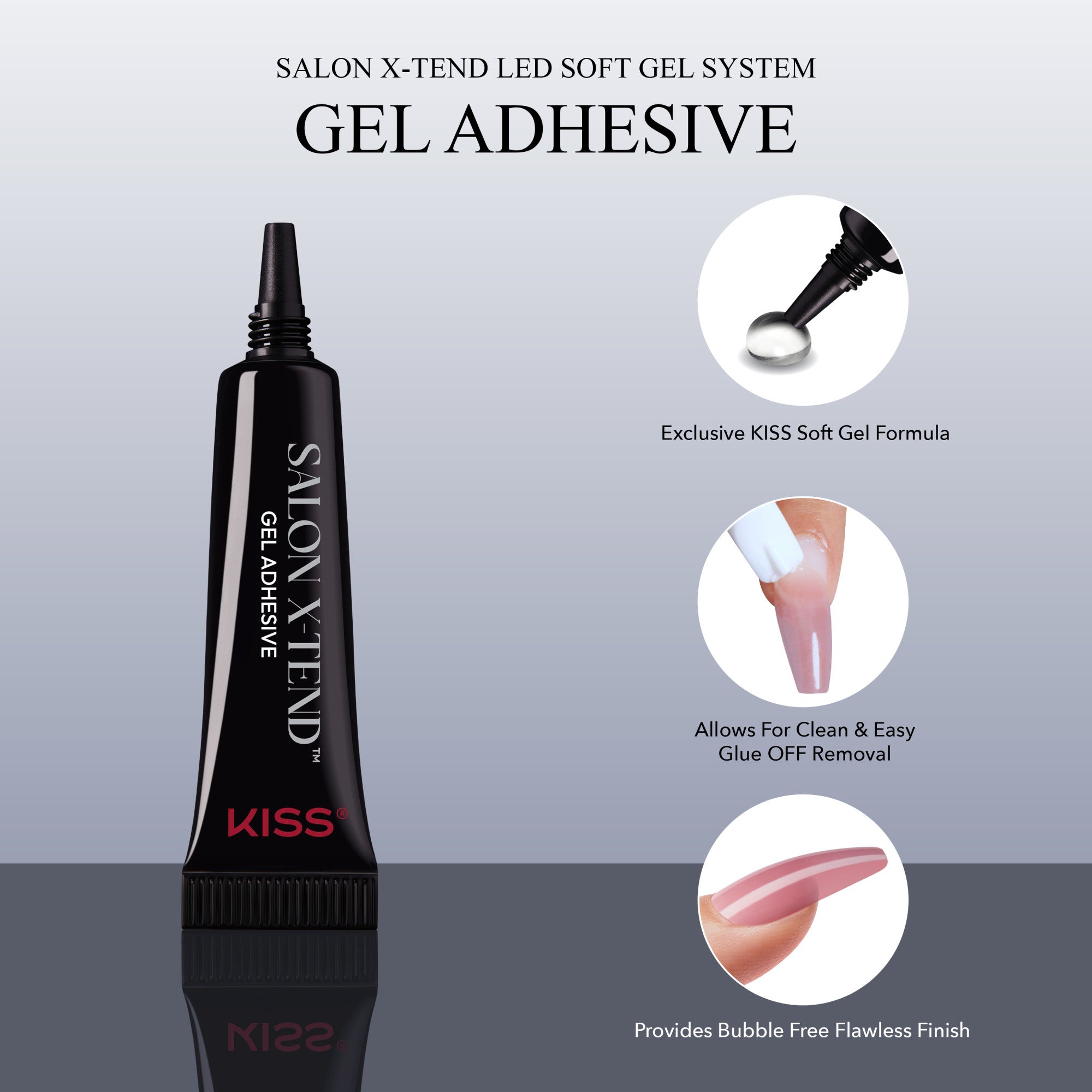Black tube of KISS Salon X-Tend Gel Adhesive with text highlighting exclusive soft gel formula, easy glue removal, and bubble-free flawless finish benefits.