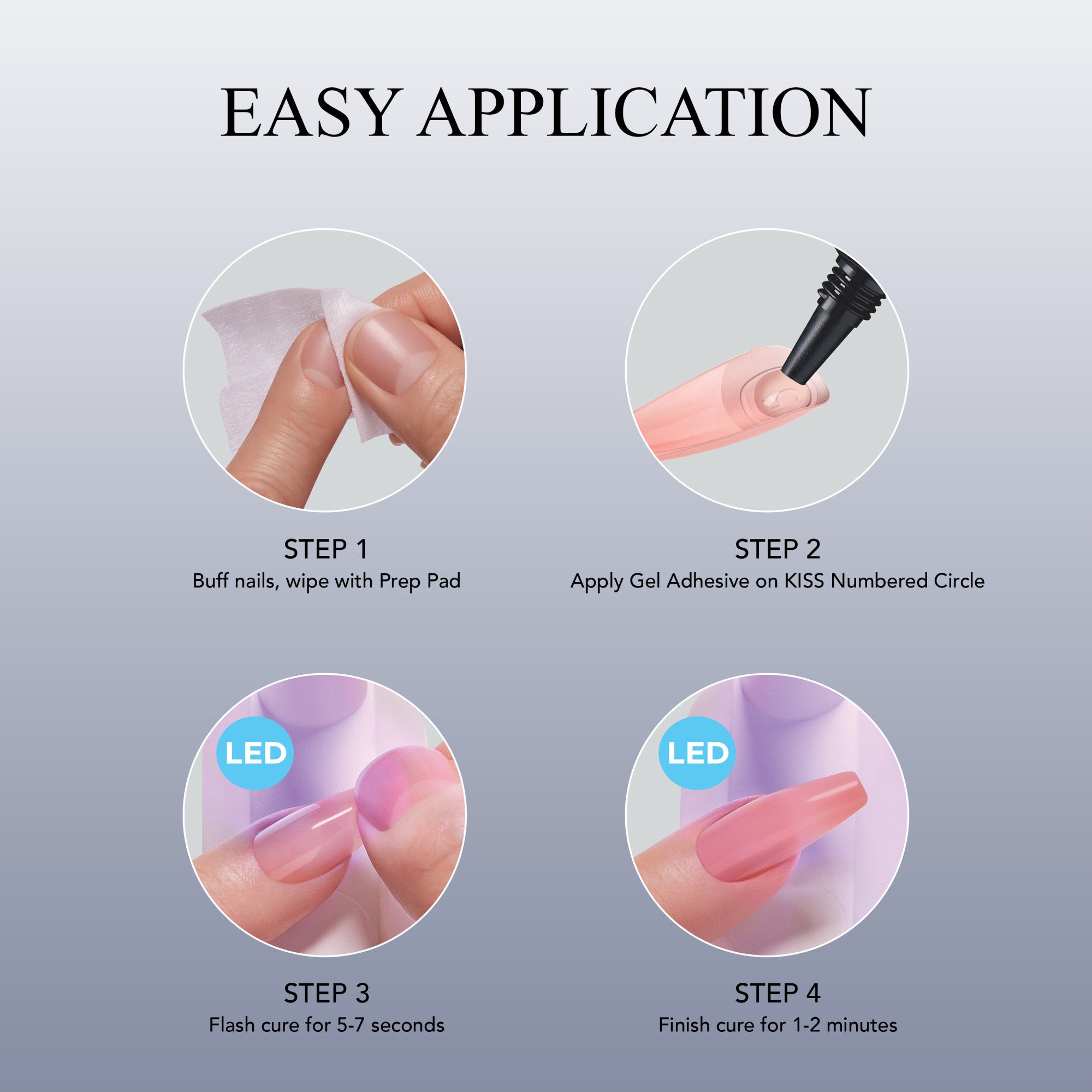 Four-step visuals for KISS Salon X-tend Design Press On Gel Nails application: Step 1 shows buffing nails with a prep pad; Step 2 depicts applying gel adhesive to a numbered circle nail tip; Step 3 shows flash curing nails under LED light for 5-7 seconds; Step 4 shows finishing…