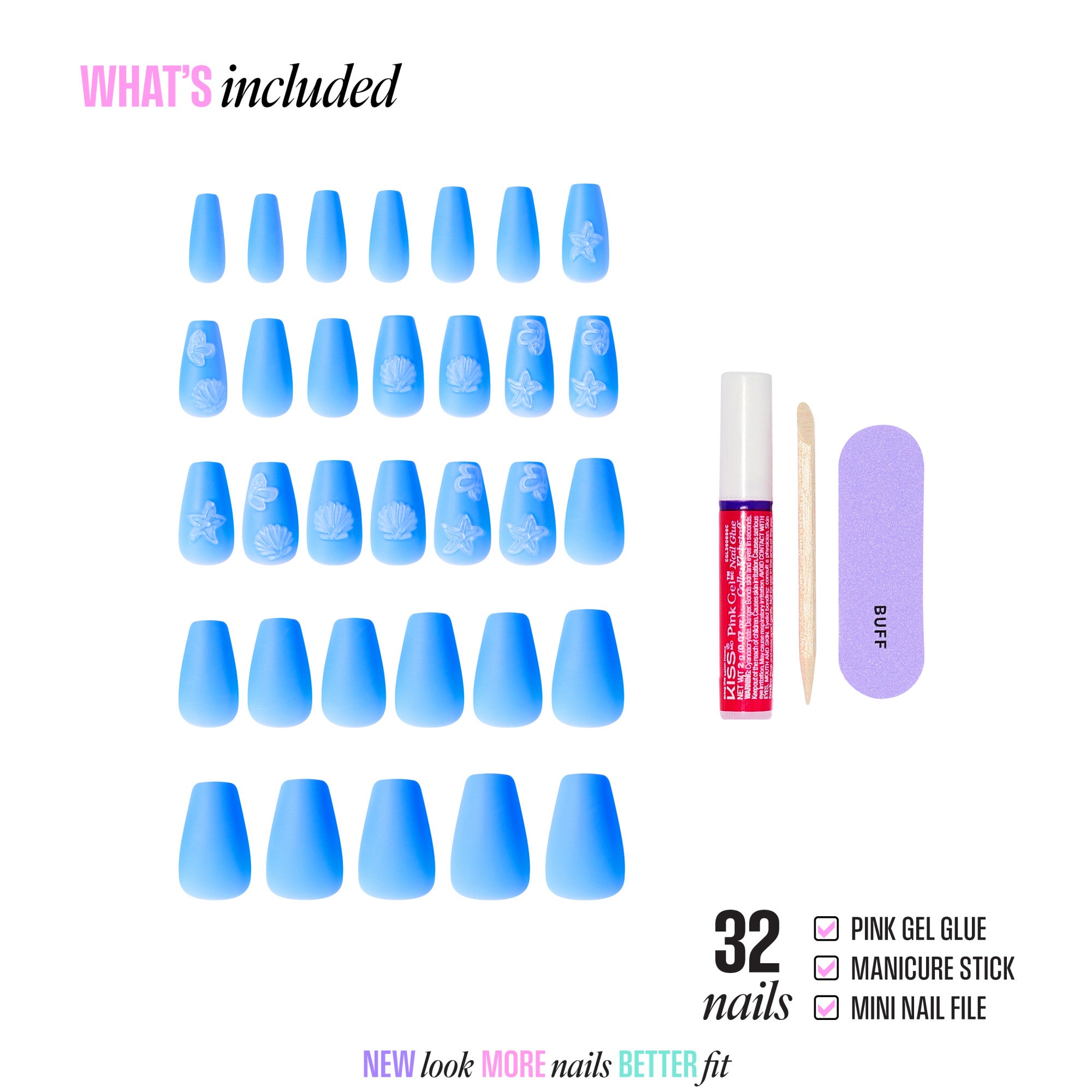 Set of blue nail tips with pink gel glue, manicure stick, and mini nail file on a white background.
