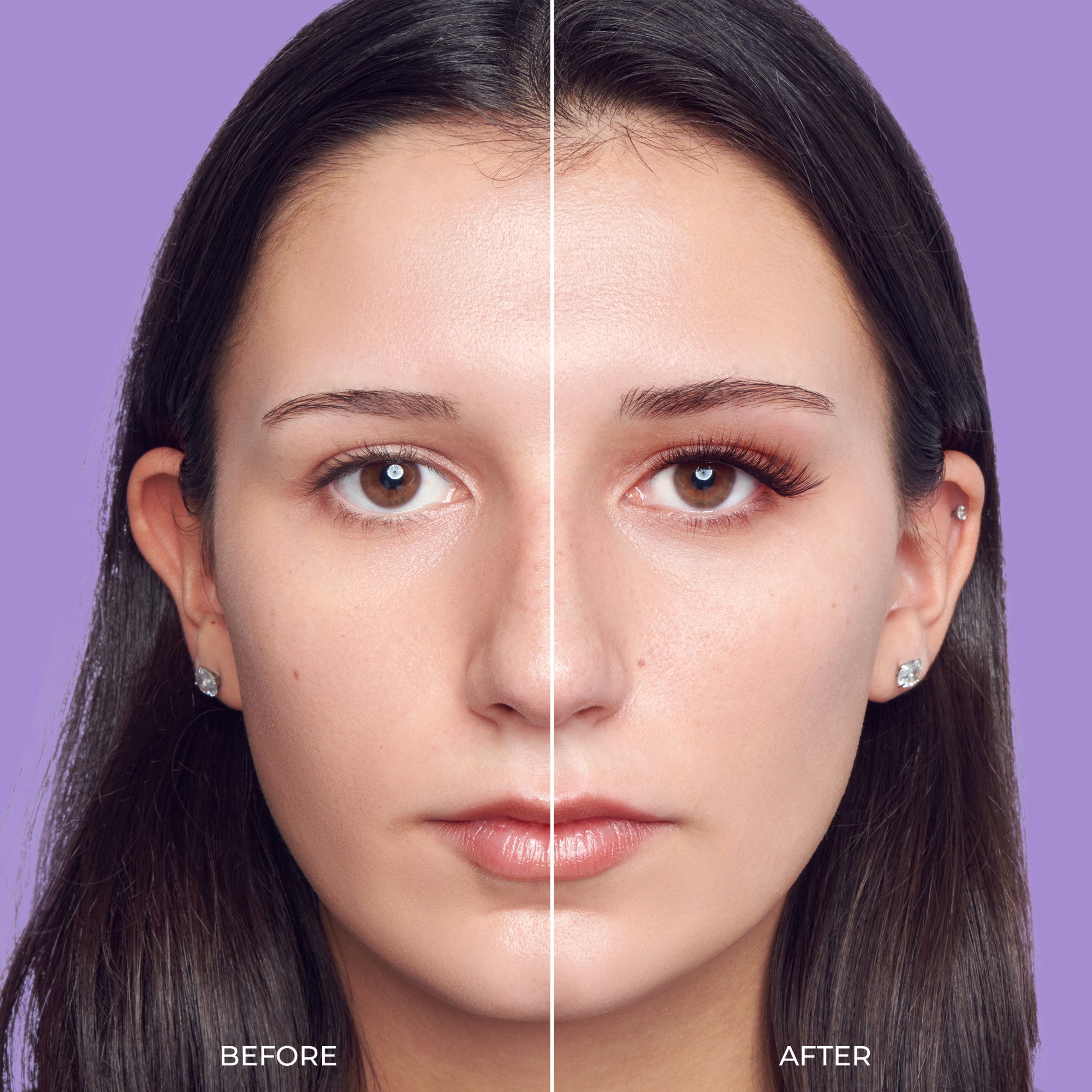 Before and after beauty comparison showing makeup and lash enhancement on purple background.