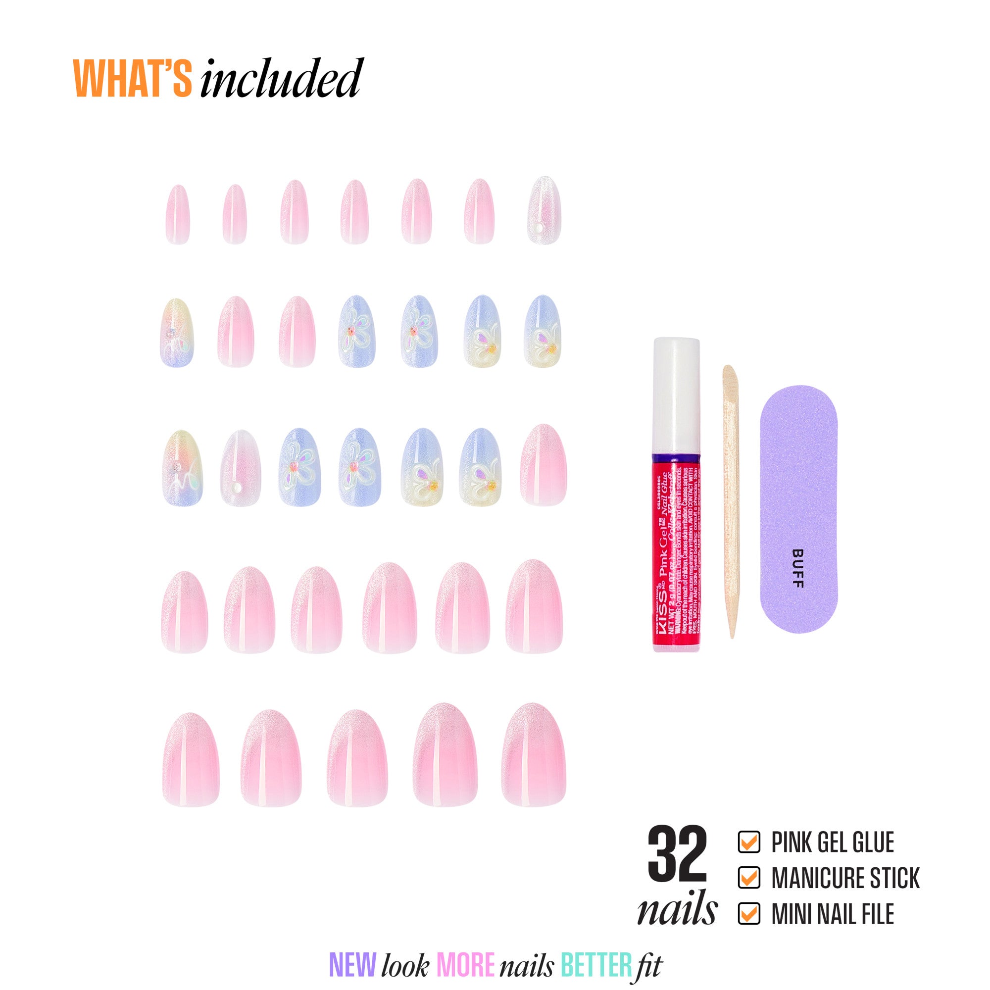 32 pink press-on nails with designs, gel glue, manicure stick, and mini file included.