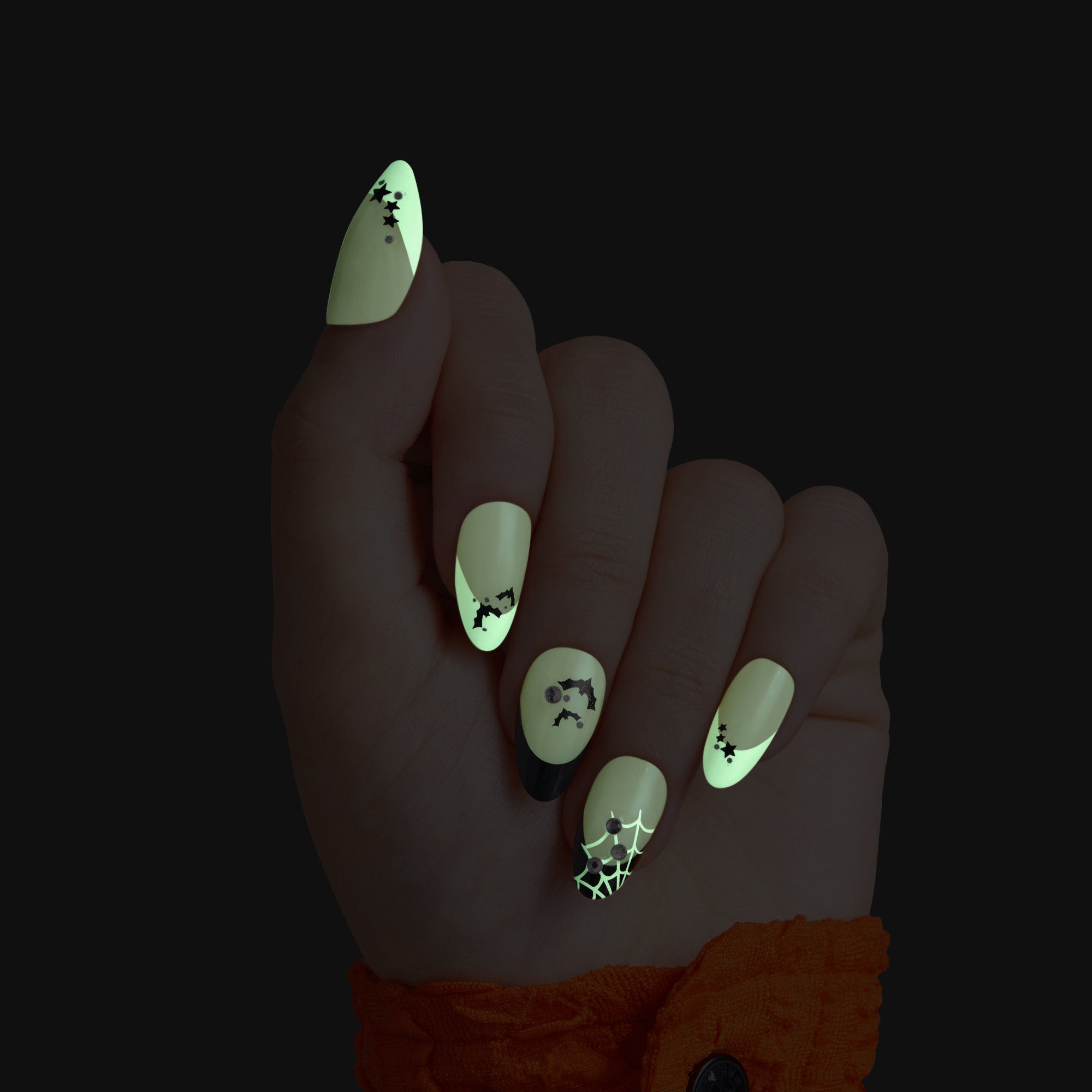 Kiss Haunt Halloween Press On Fake Glue Nails - HalloQueen | French Design, Black & White, Medium, Almond, Glow In The Dark