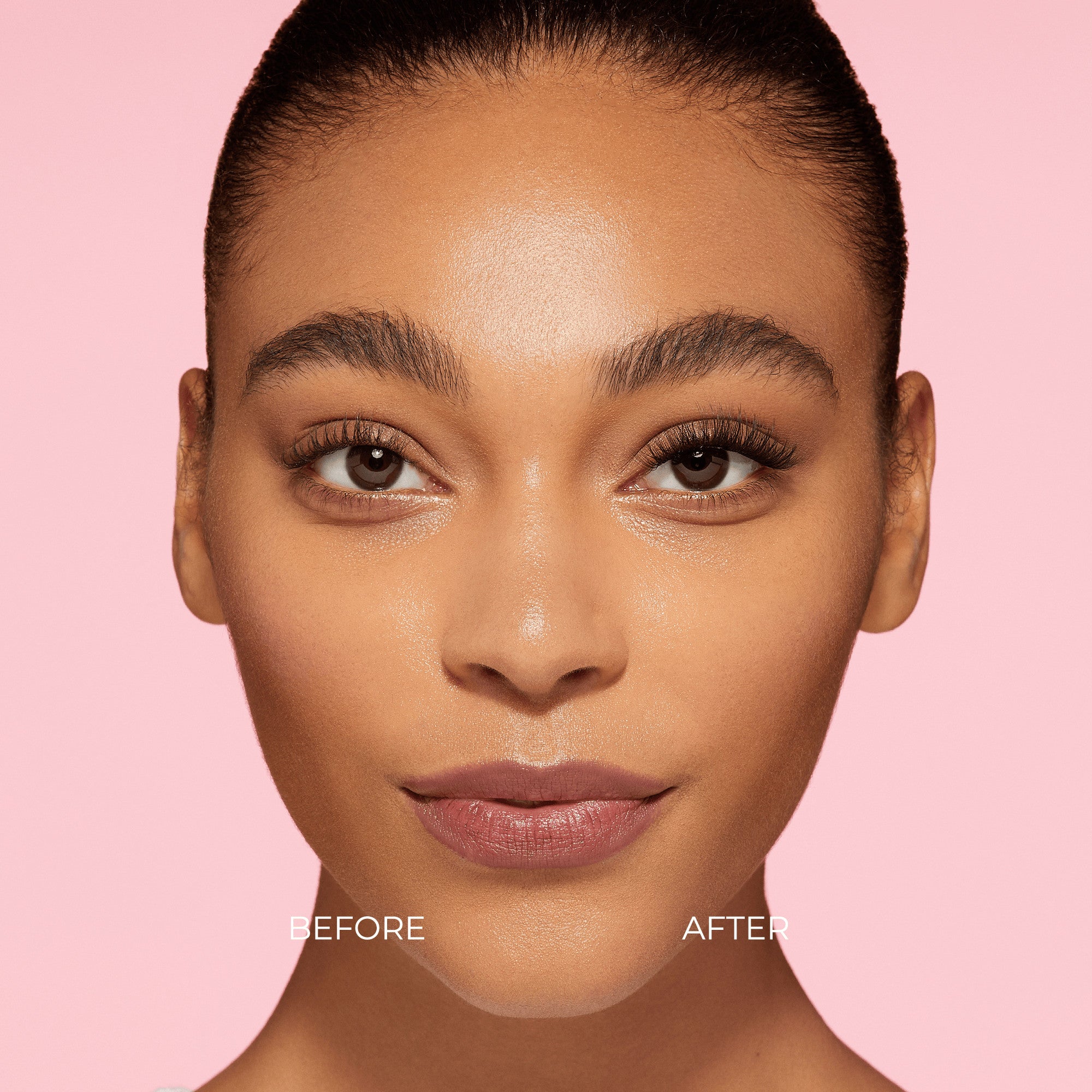 Close-up of a woman’s face against a pink background showing a comparison of natural lashes on the left labeled \