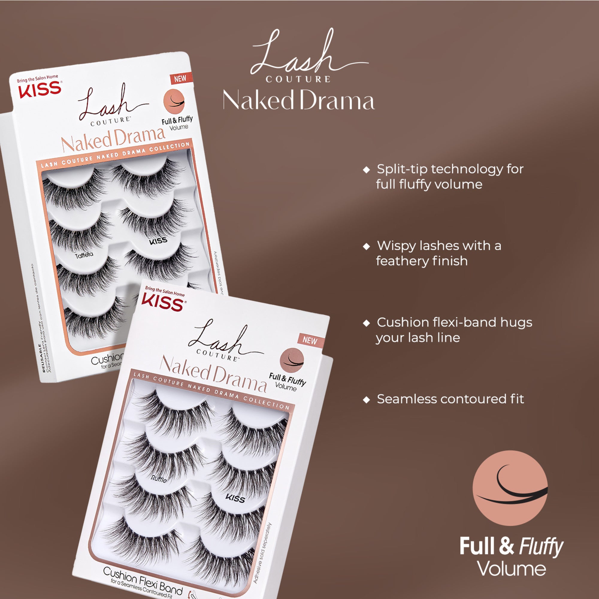 Two white rectangular boxes of KISS Lash Couture Naked Drama false eyelashes multipacks, showing styles Taffeta and Ruffle, with key features: split-tip technology, wispy feathery lashes, cushion flexi-band for seamless fit, and full & fluffy volume.