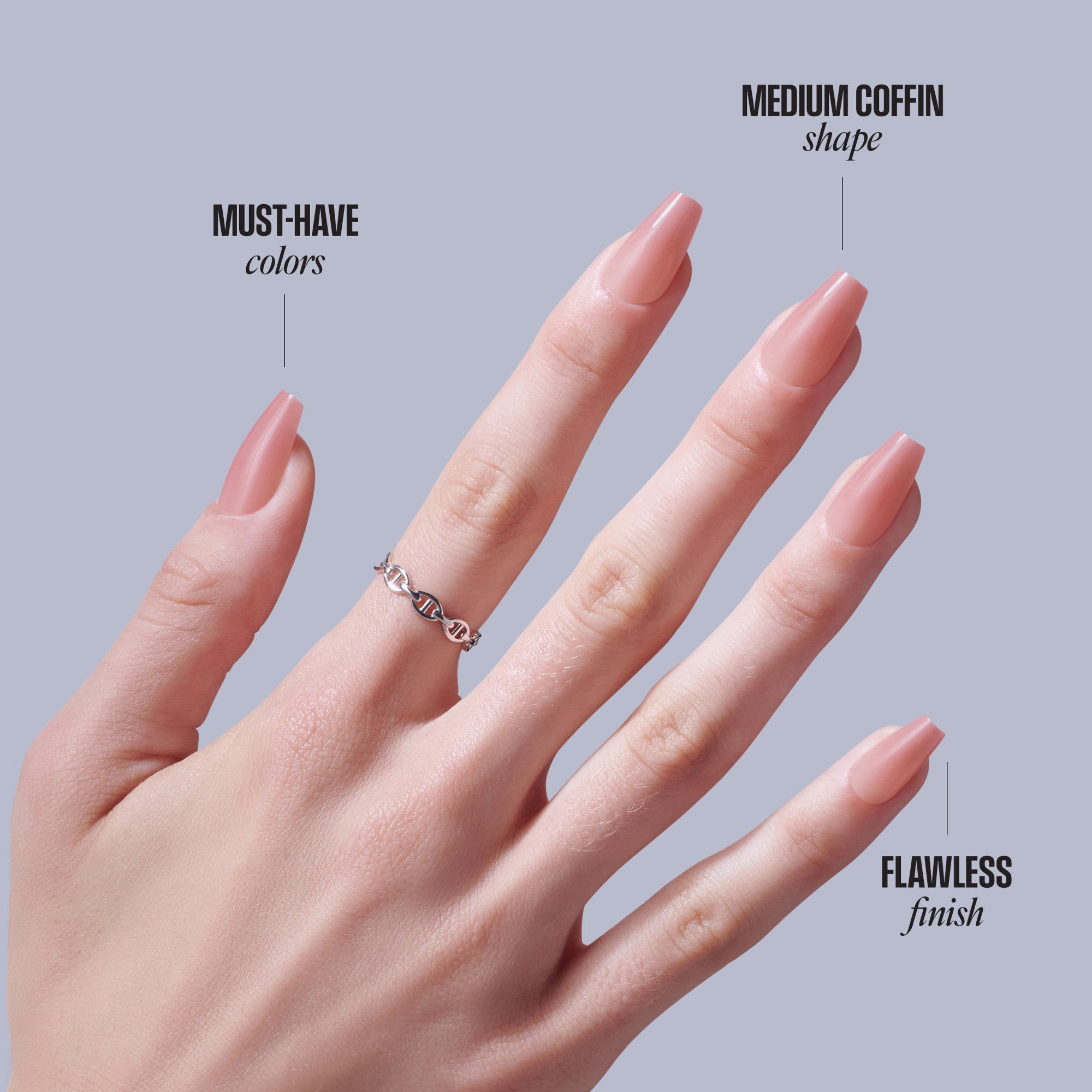 Hand displaying medium coffin-shaped nails in pink with ring, showing must-have colors and flawless finish.