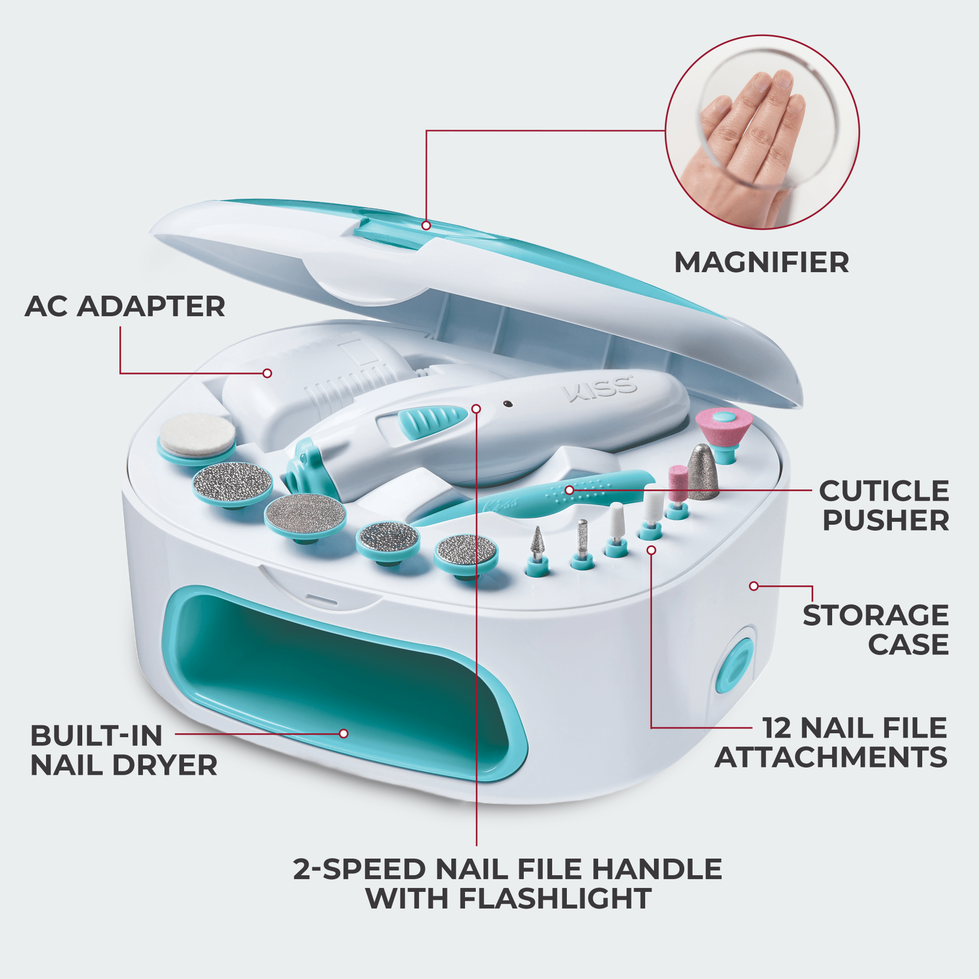 White and turquoise KISS Power File X Nail Dryer kit with a built-in nail dryer, 2-speed nail file handle with flashlight, 12 nail file attachments, cuticle pusher, AC adapter, and magnifier shown.
