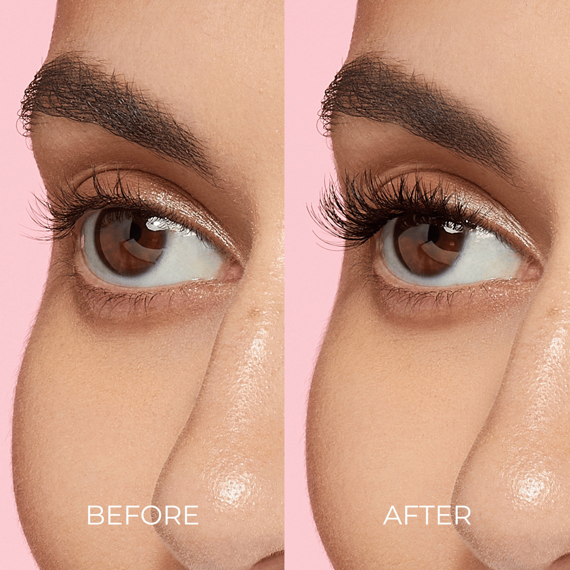 Close-up side-by-side views of a brown eye against a pink background showing natural lashes labeled \
