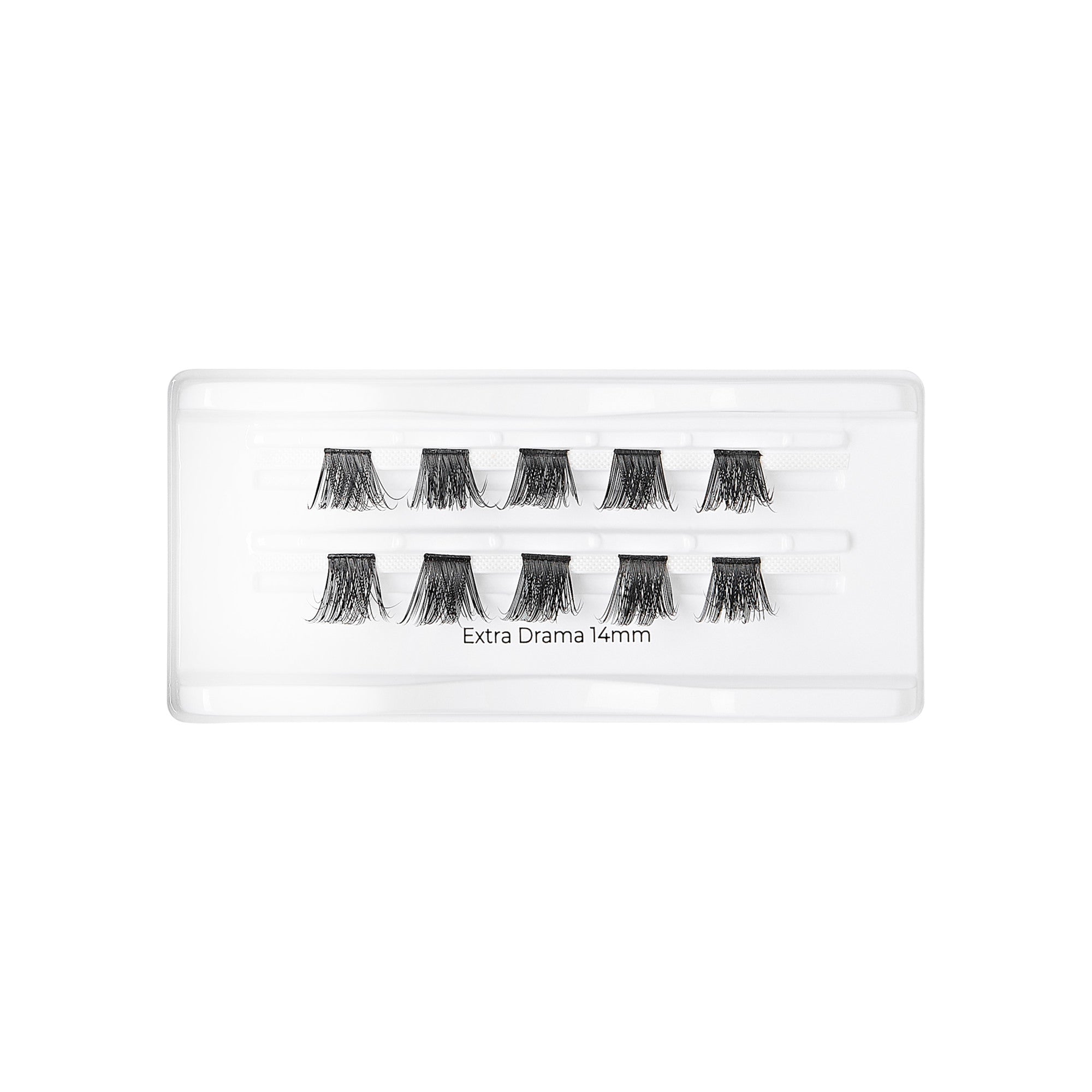 Clear plastic tray containing ten clusters of black false eyelash wisps arranged in two rows, labeled \
