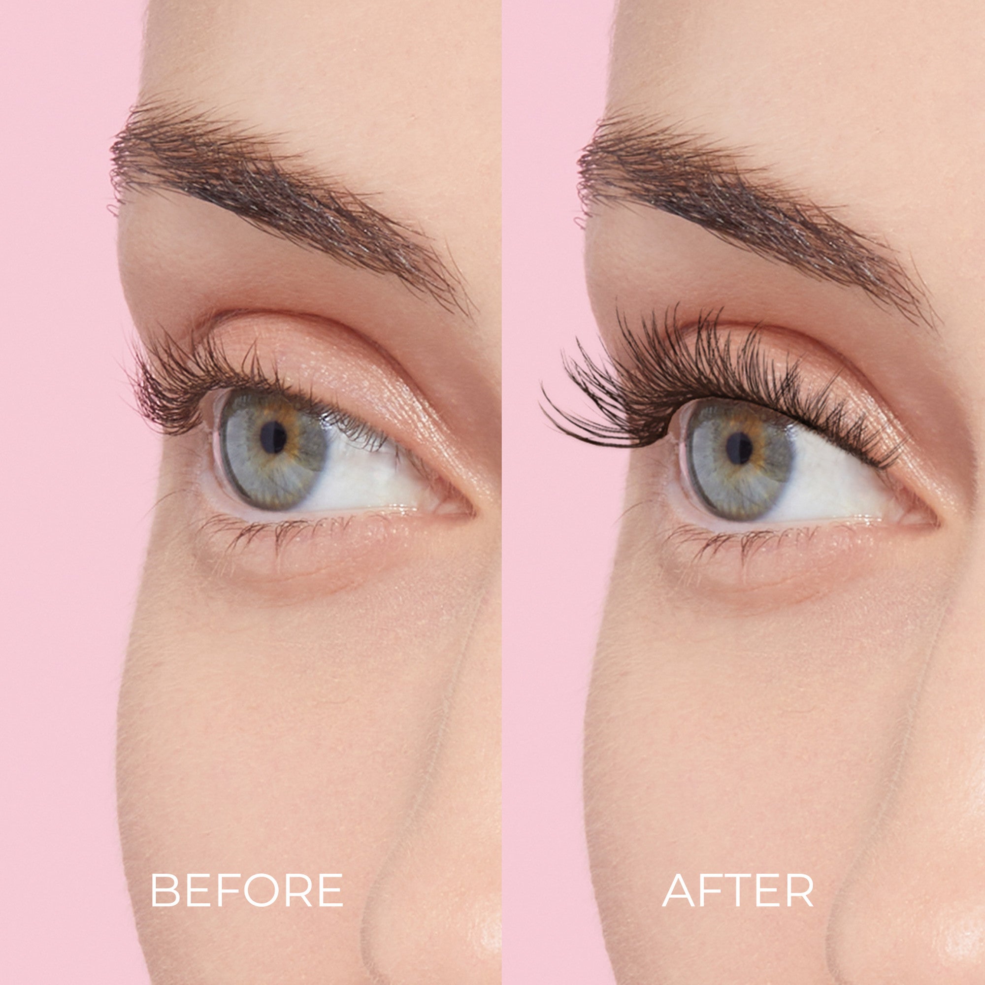 Close-up side-by-side of an eye with natural eyelashes on the left labeled \