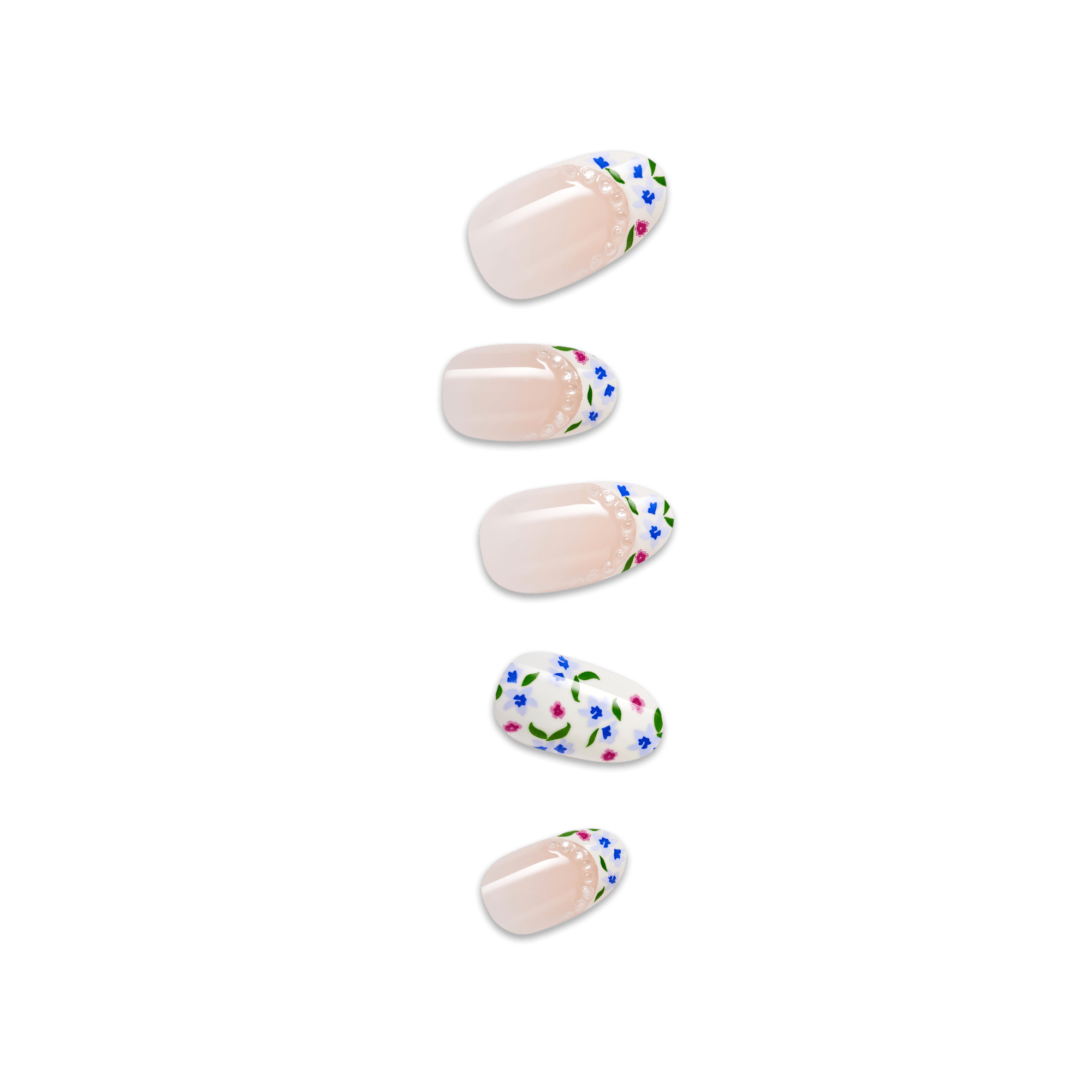 Five press-on nails with nude base and floral design featuring blue, pink, and green flowers.