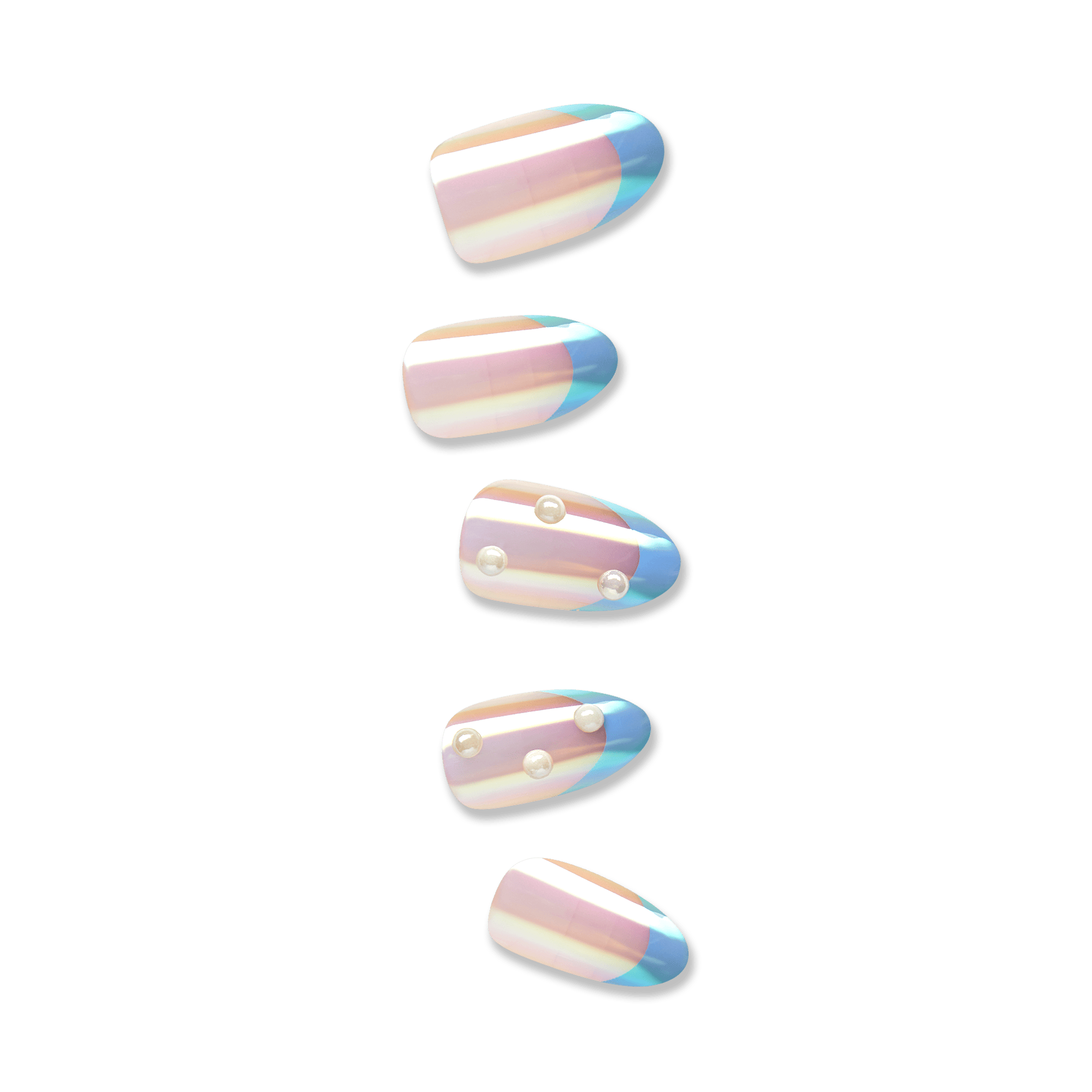 Set of five iridescent press-on nails with pastel pink and blue color blocks; two nails feature small pearl embellishments.