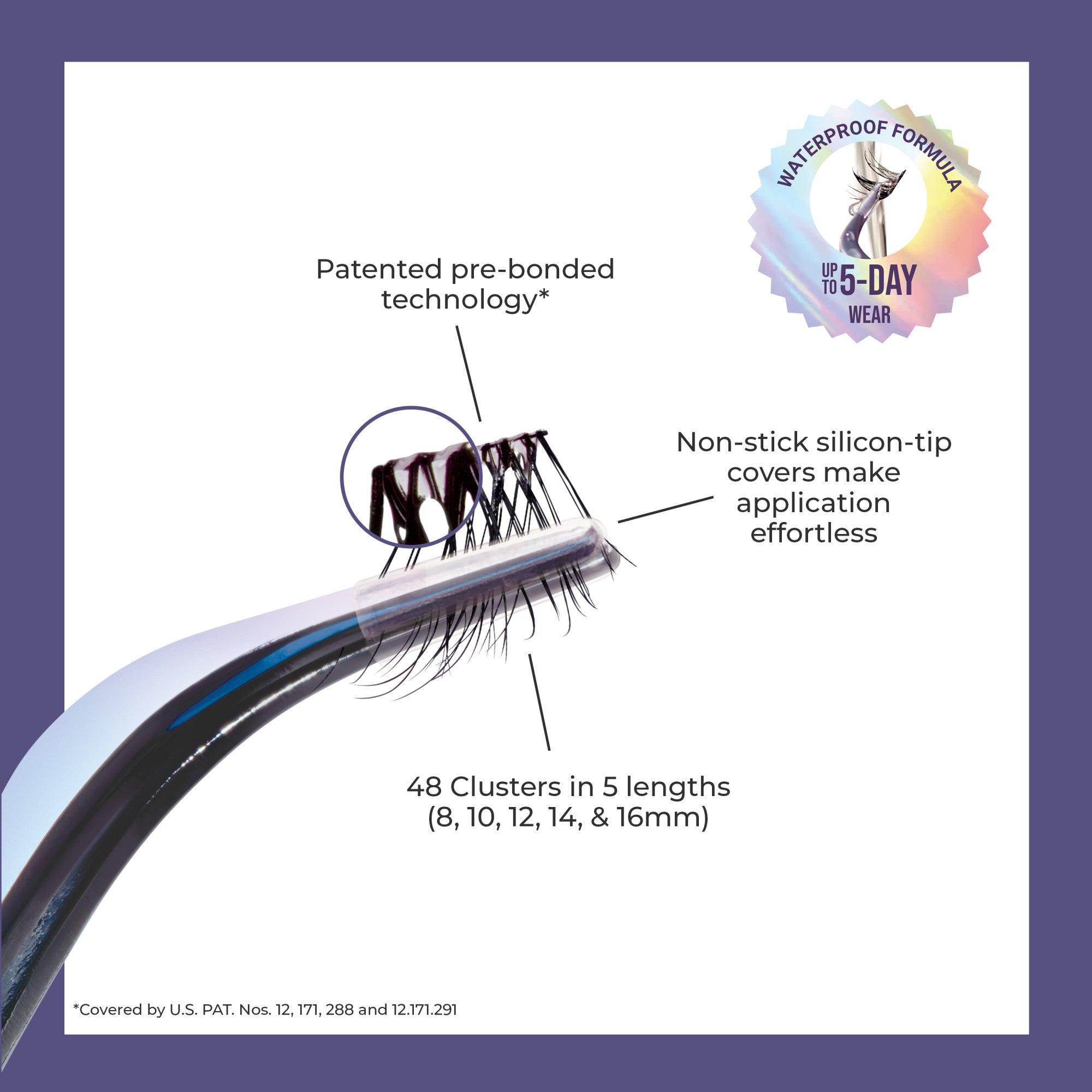 Mascara wand with patented pre-bonded technology, 48 clusters, waterproof 5-day wear formula.