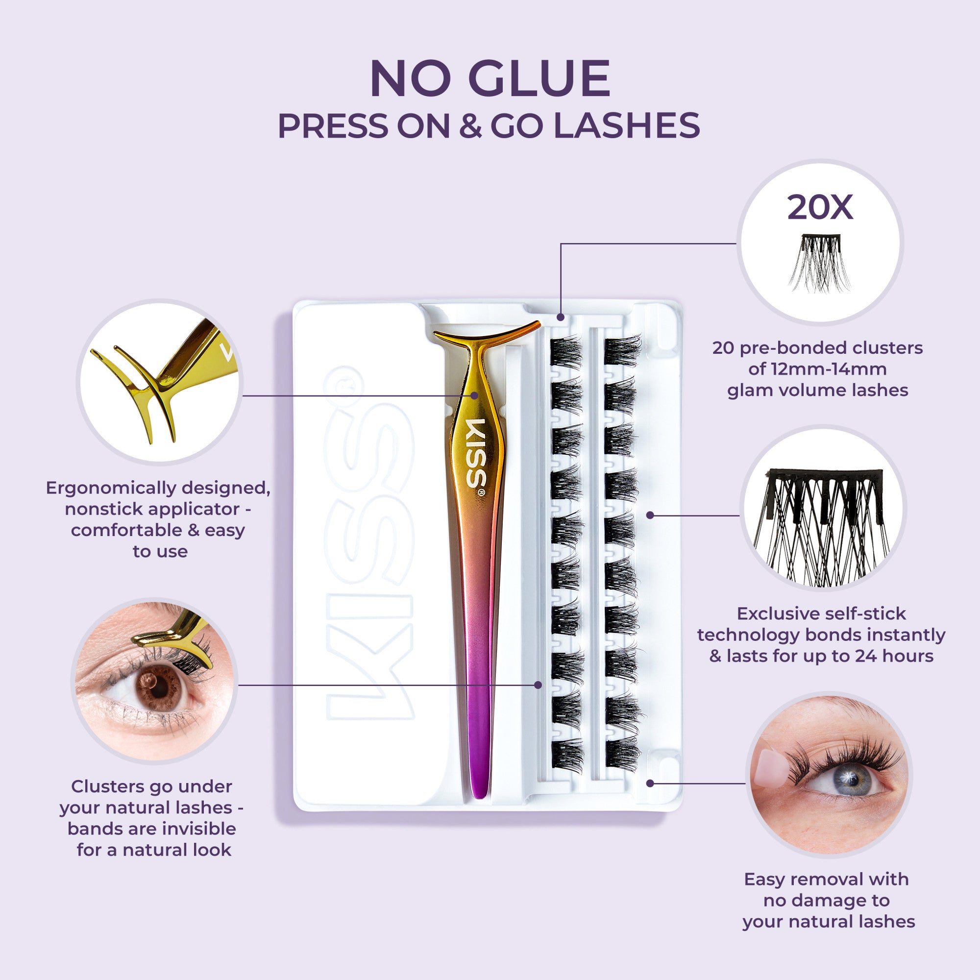 Compact white tray with 20 clusters of black self-adhesive eyelashes and a gold-to-pink gradient applicator labeled KISS. Text highlights no-glue, press-on lashes, easy and comfortable applicator, invisible bands for a natural look, and 24-hour wear with gentle removal.