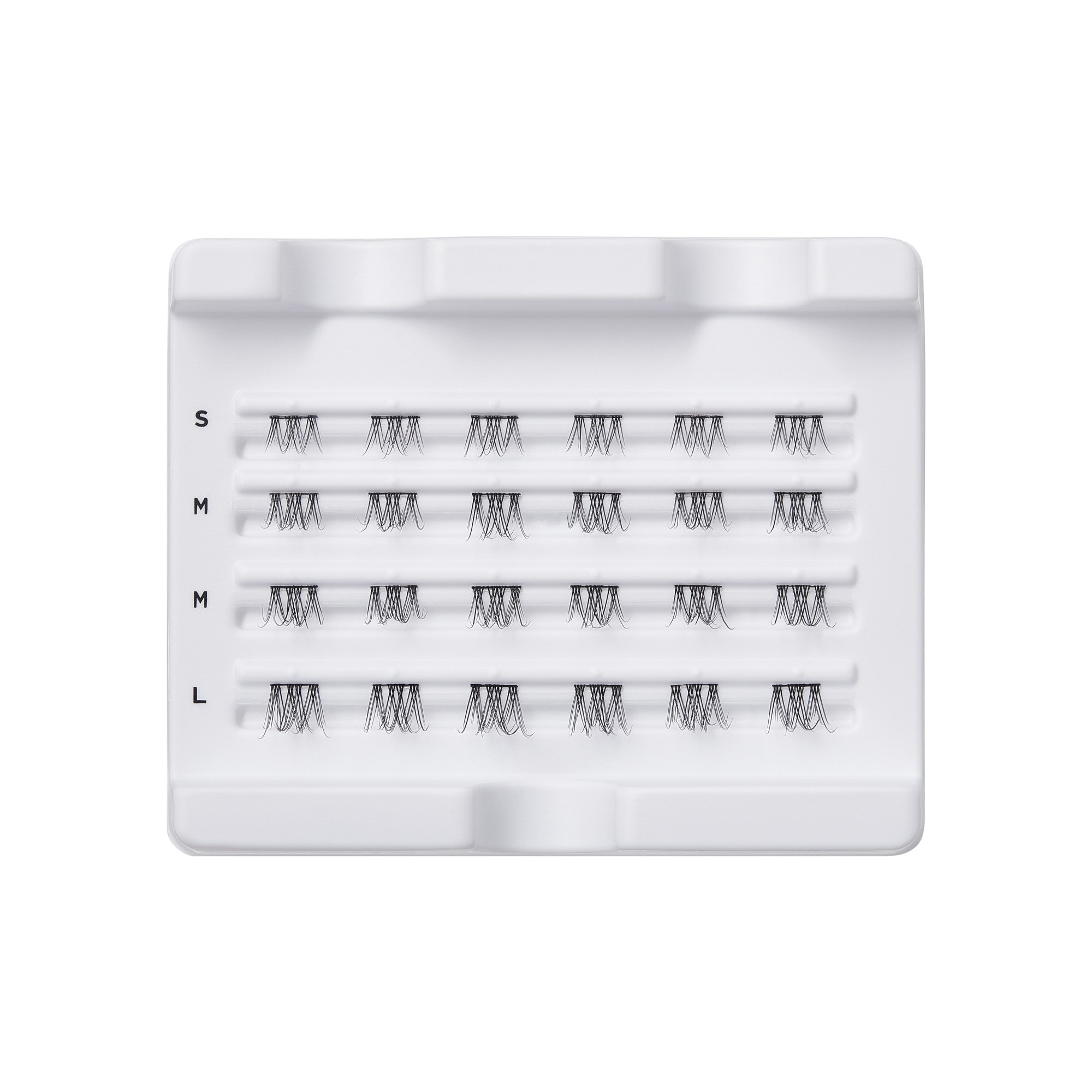 White plastic tray containing 24 ultra natural black eyelash wisps in four rows labeled S, M, M, L, arranged by size from small to large.