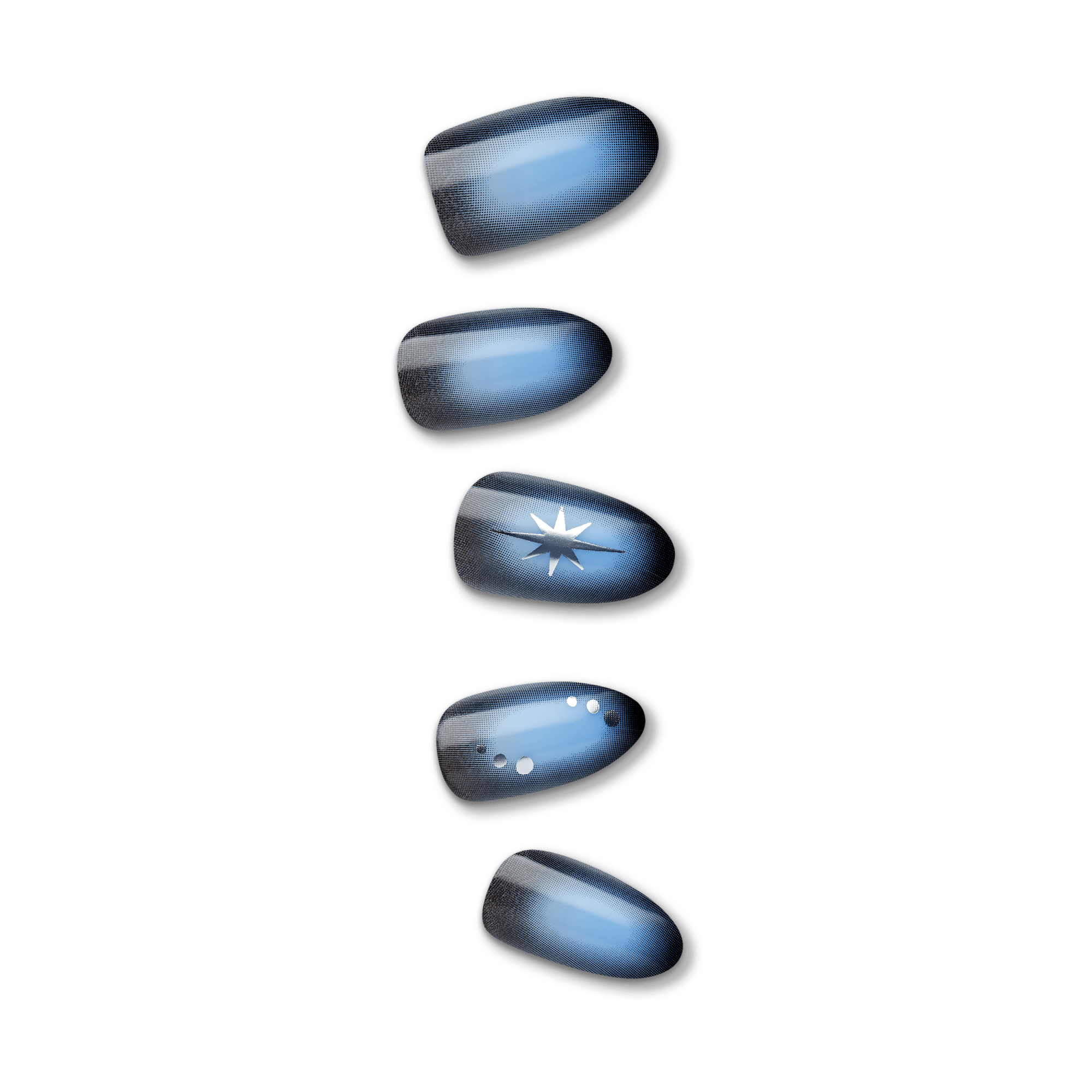 Blue ombre press-on nails with rounded tips, featuring a metallic star design on one nail and small silver dots on another.