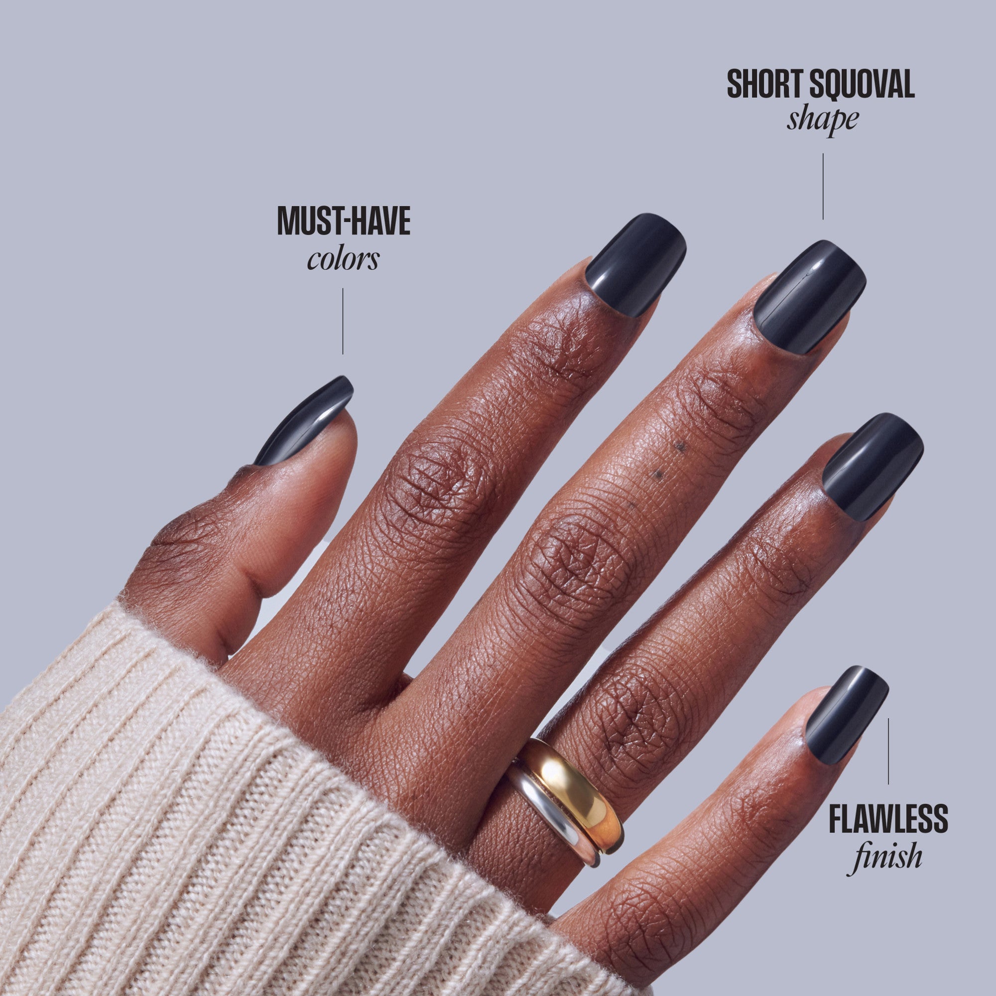 Black short squoval nails on deep skin tone with gold ring, labeled "must-have colors" and "flawless finish