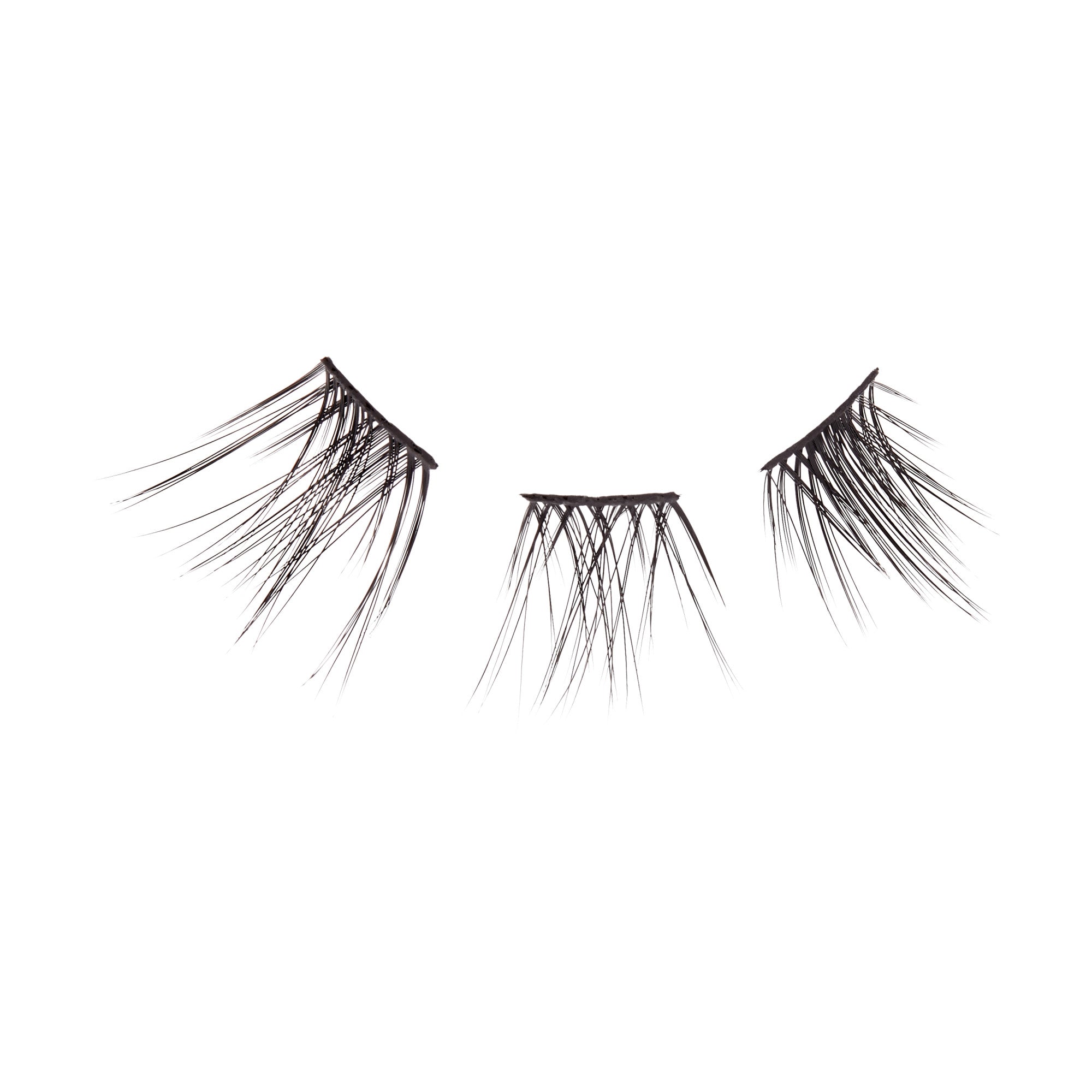 Three individual black false eyelash wisps arranged in a row on a white background, showing their fine, natural-looking strands designed for volumizing.