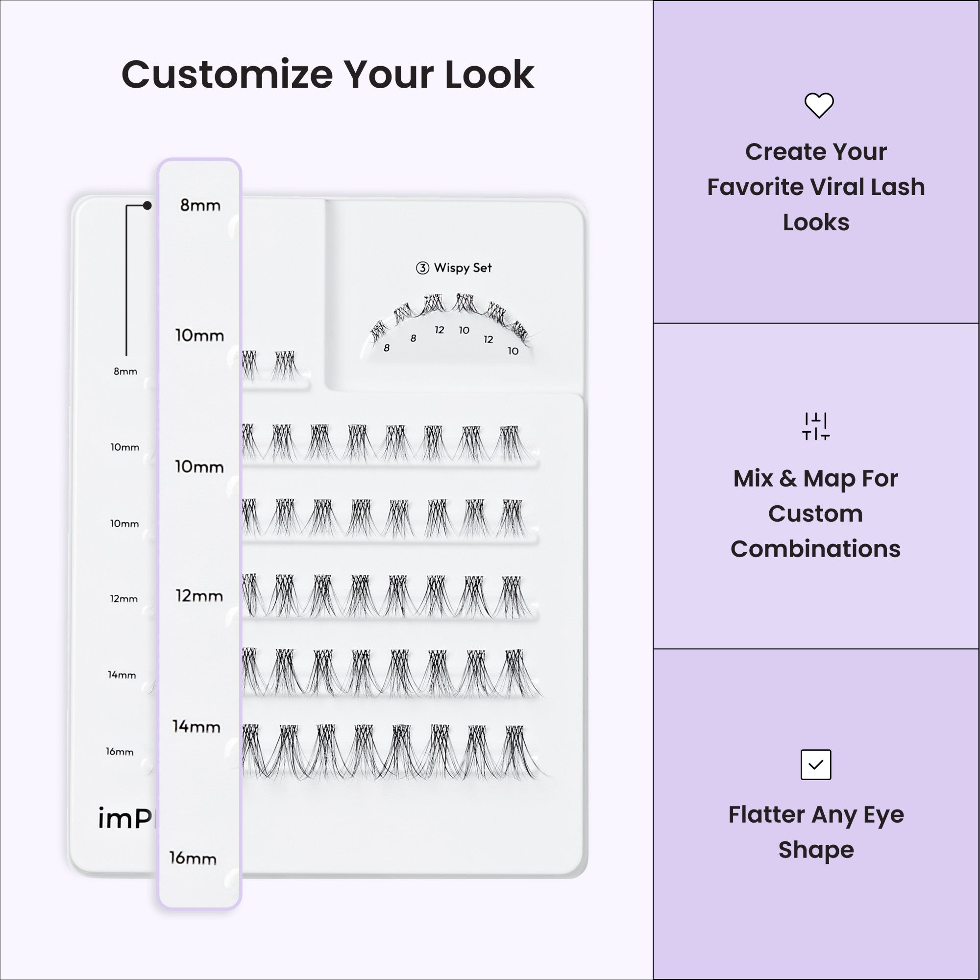 Wispy lash extension chart showing 8mm-16mm sizes and customization options for viral looks.