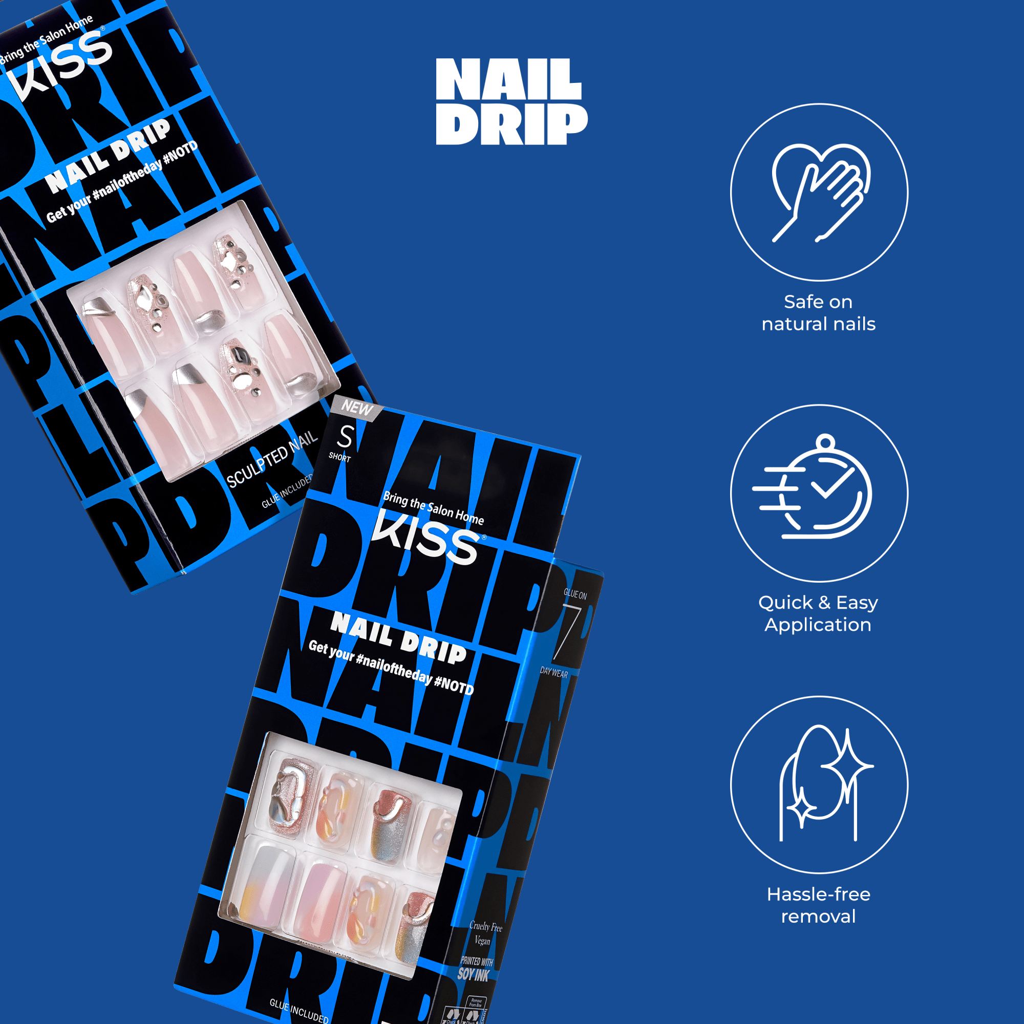 Two KISS Nail Drip press-on nail sets in black and blue packaging, showing light drip designs. Text highlights safe on natural nails, quick application, and hassle-free removal.