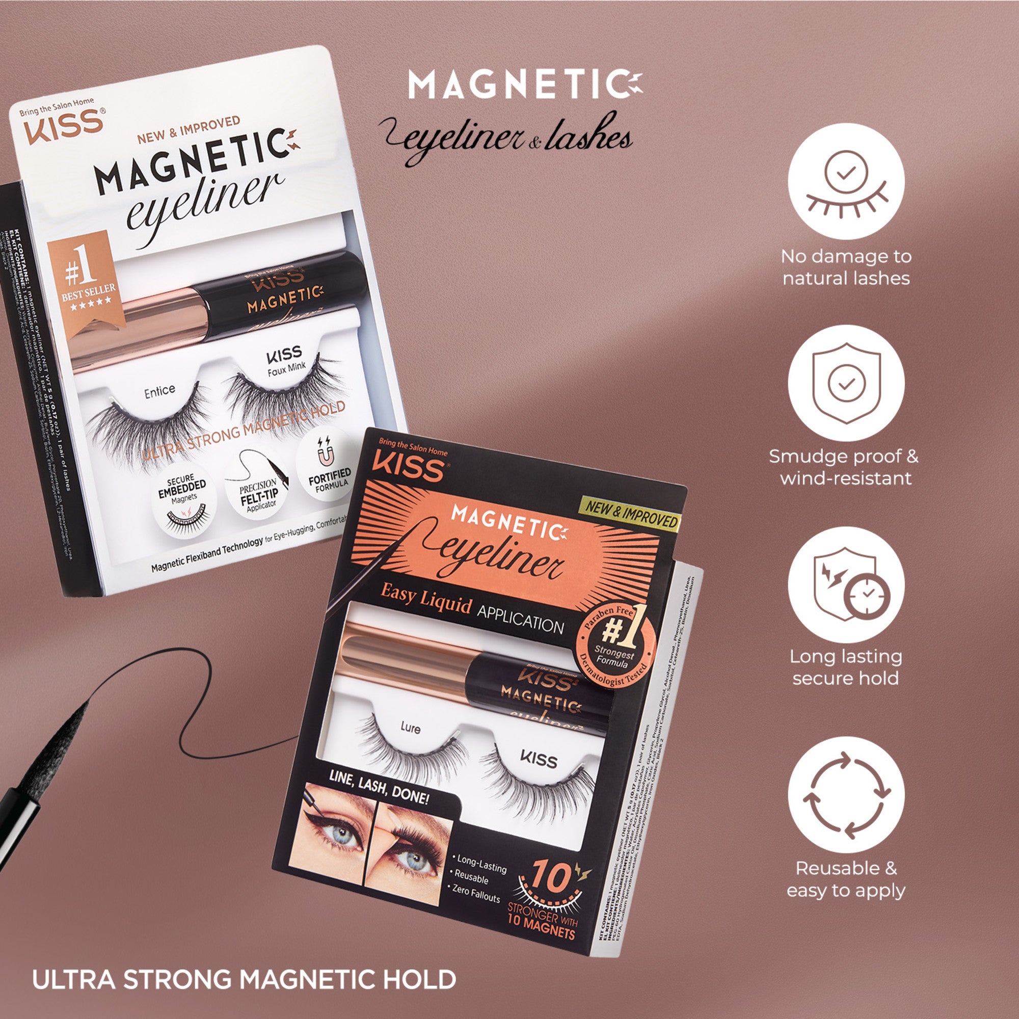 Two angled boxes of KISS Magnetic Eyeliner & Lashes in Entice and Lure styles on a mauve background. Highlights include ultra-strong magnetic hold, no damage to natural lashes, smudge-proof, long-lasting secure hold, and reusable application.