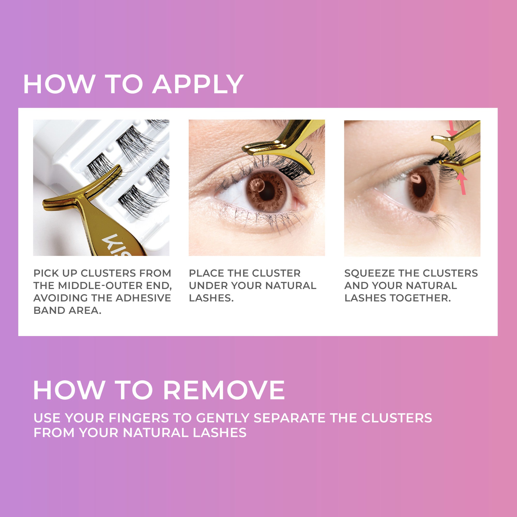 Step-by-step application guide for imPRESS Falsies Self Adhesive Eyelashes showing lash clusters picked with gold applicator, placed under natural lashes, and squeezed together. Instructions on how to gently remove by separating clusters with fingers.
