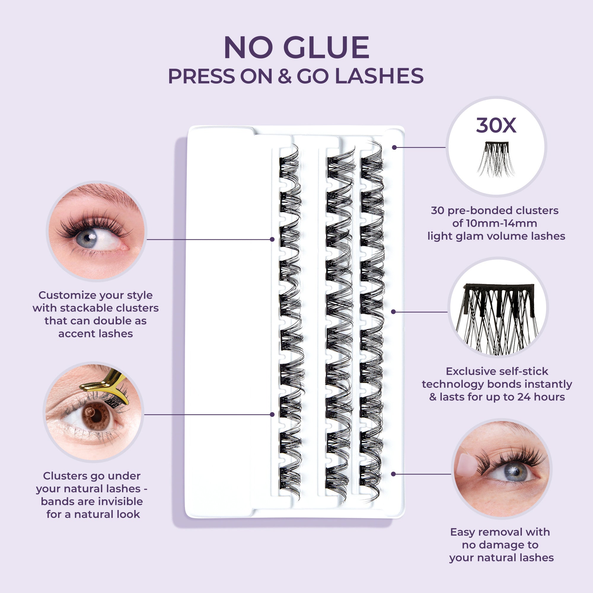 Tray of 30 curly black self-adhesive eyelash clusters with text highlighting no glue needed, customizable stackable clusters, invisible bands, 24-hour wear, and easy damage-free removal.