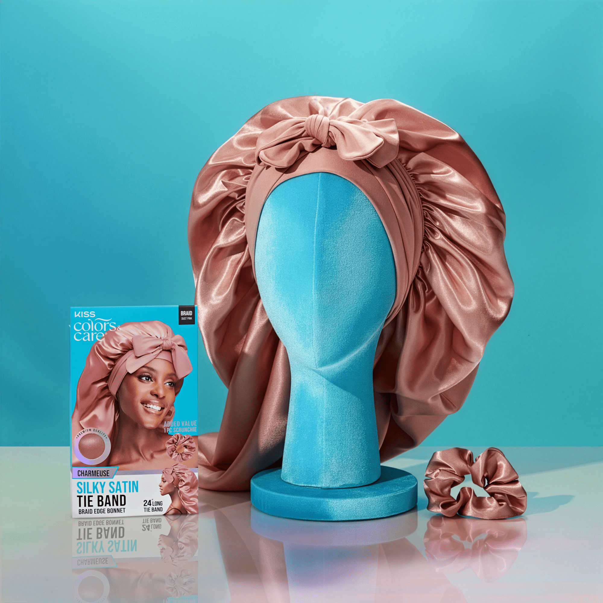 KISS Colors & Care Silky Satin Tie Band in Charmeuse with mannequin head and packaging display.