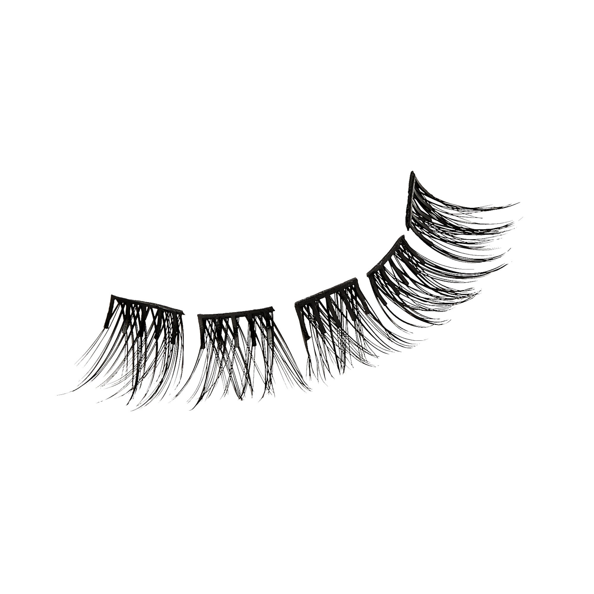 Four clusters of black self-adhesive false eyelashes arranged in a curved line on a white background, showing varying lengths for a voluminous look.