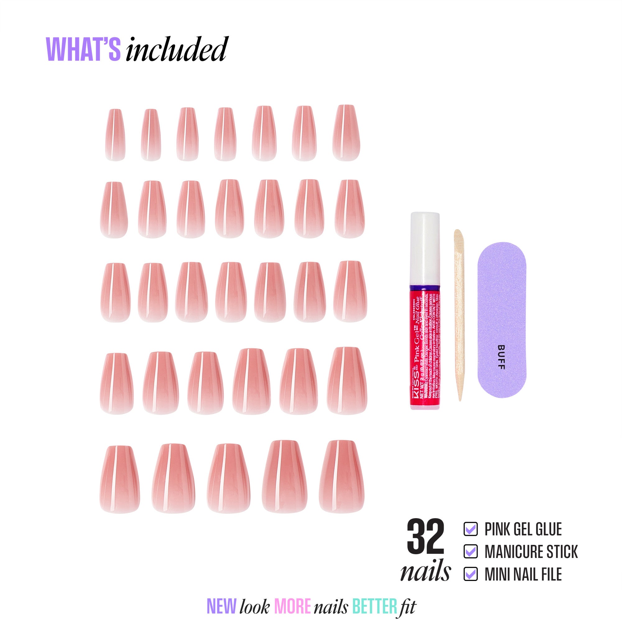 32 pink ombre press-on nails with gel glue, manicure stick, and mini file included.
