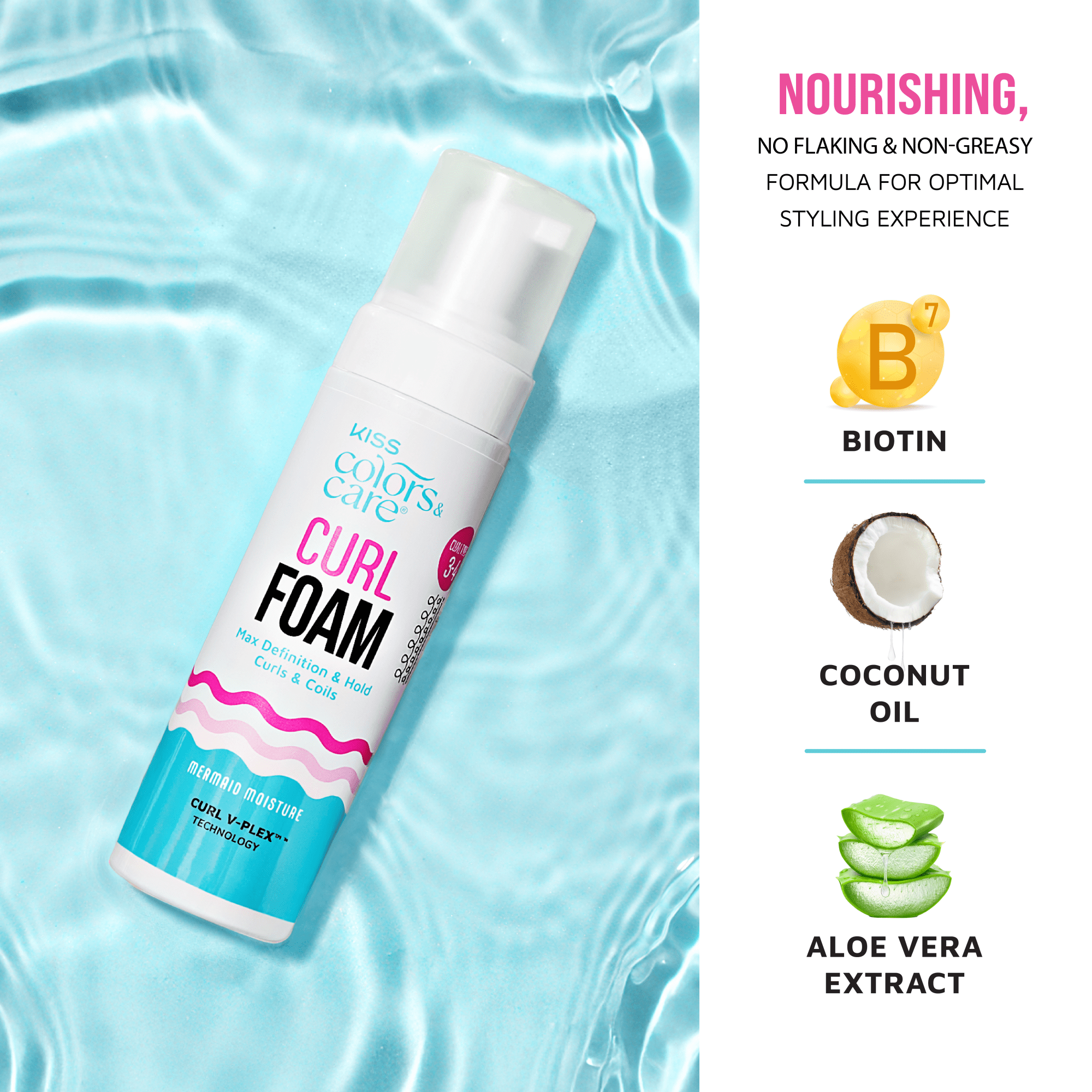 Kiss Colors Care Curl Foam with biotin, coconut oil, and aloe vera on blue water background.