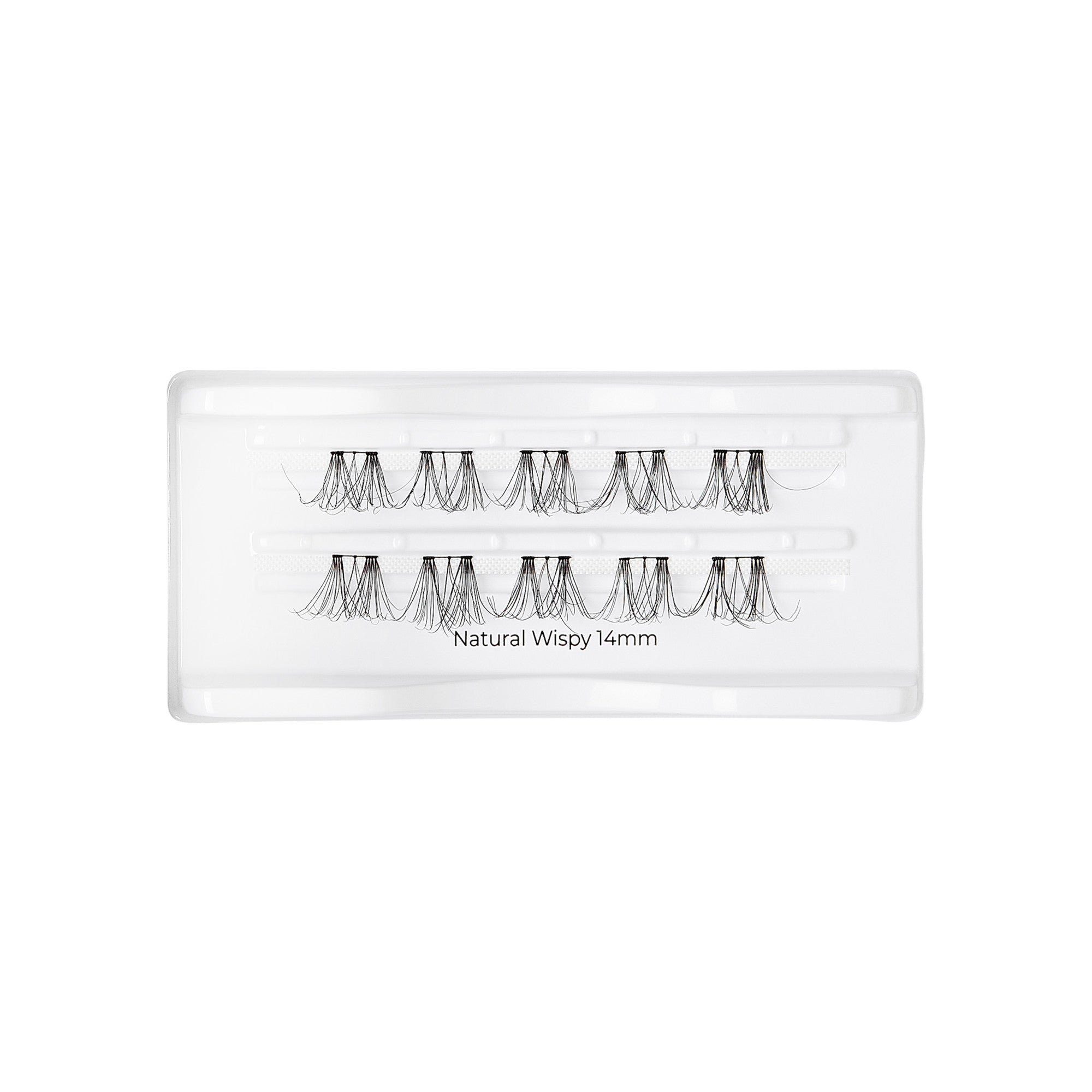 Clear plastic tray containing two rows of black, natural-style wispy false eyelash clusters labeled \