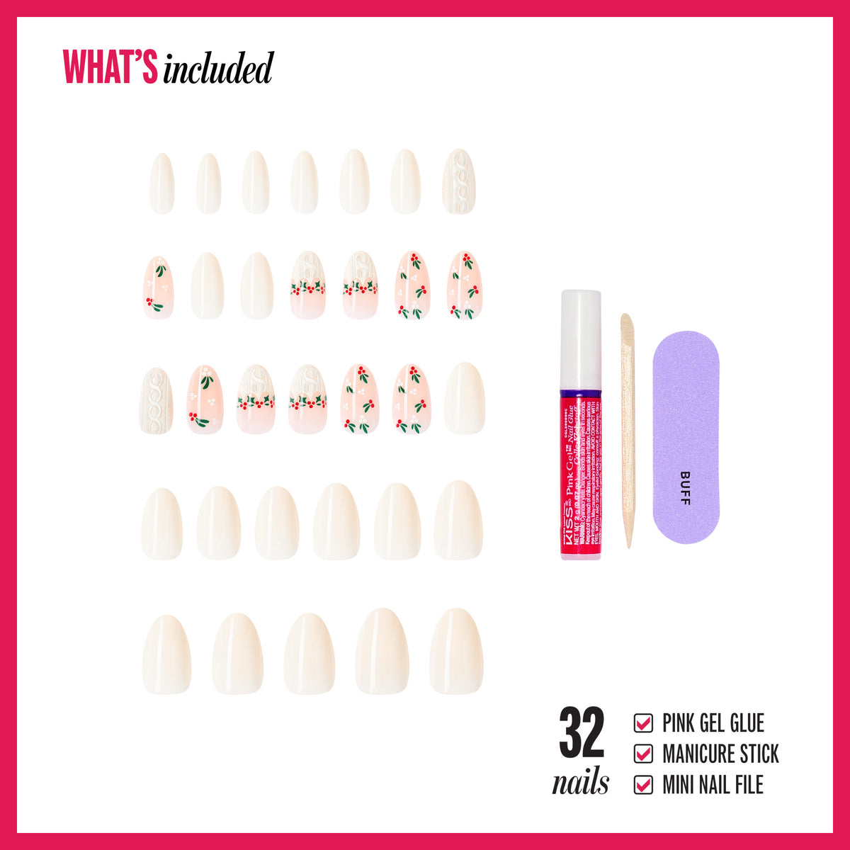 Kiss Merry Holiday Press On Fake Glue Nails - Snow Glow | French Design, White, Medium, Almond