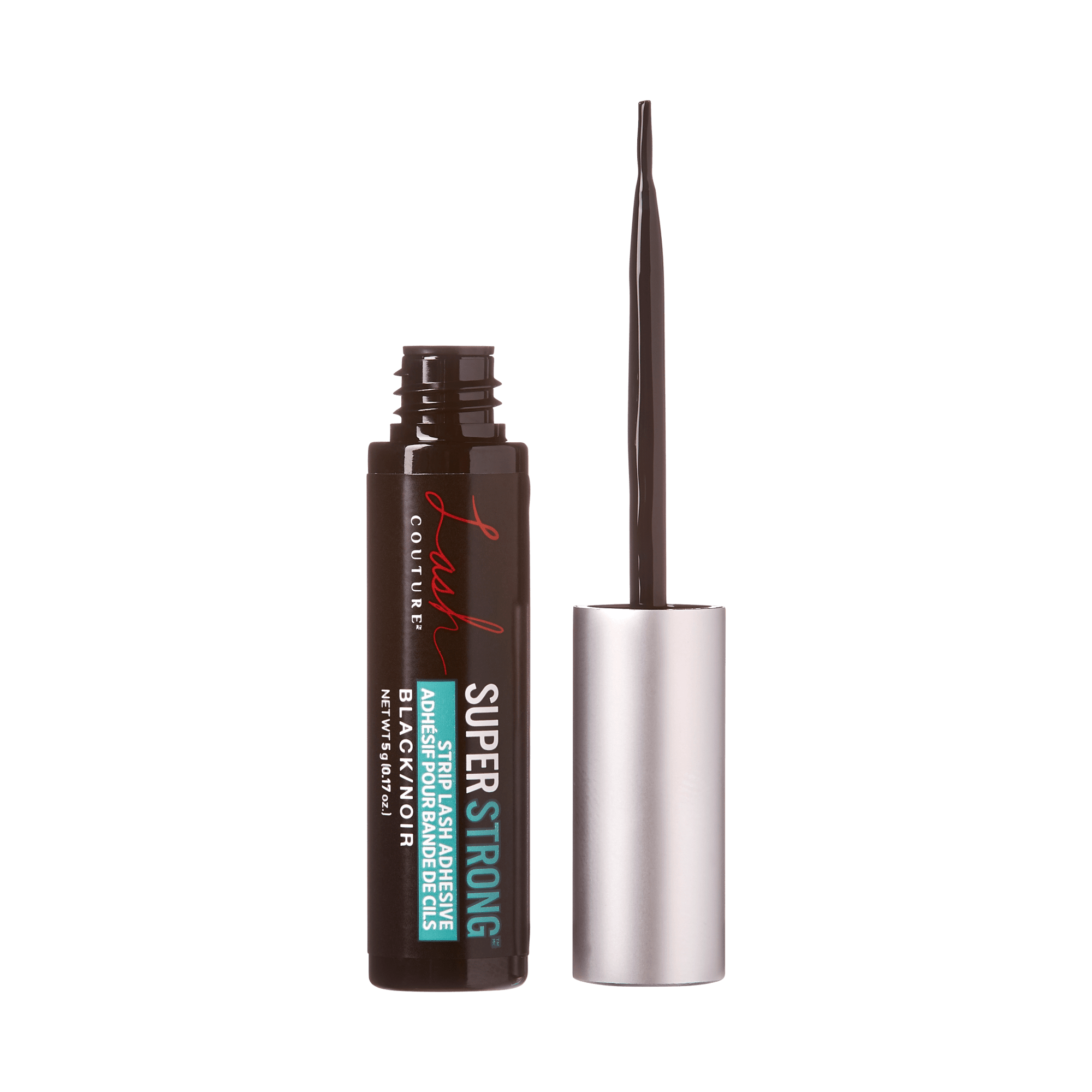 KISS Lash Couture black strip lash adhesive with silver cap removed, showing thin brush applicator and label highlighting \