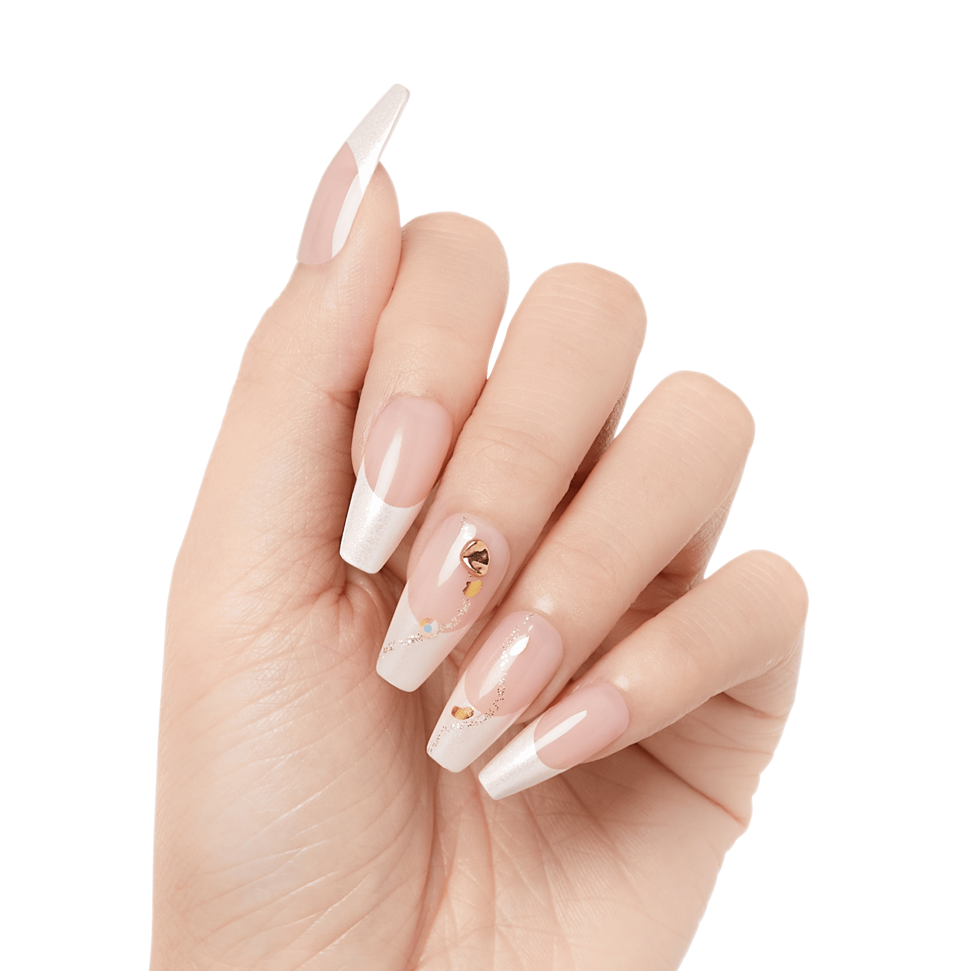 Hand with long, coffin-shaped press-on nails in light translucent pink and white tips, decorated with small gold and iridescent accents on middle fingers.