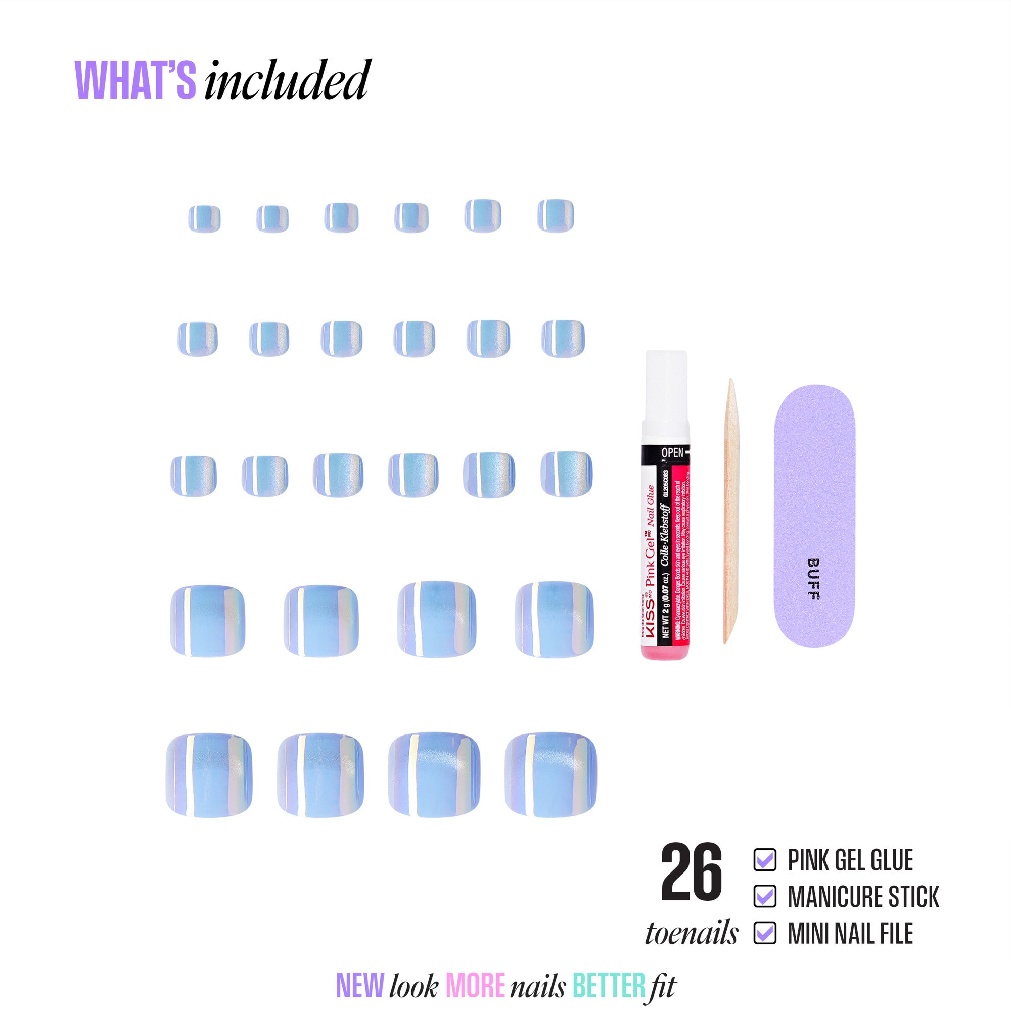 26 blue striped press-on toenails with gel glue, manicure stick, and nail file included.