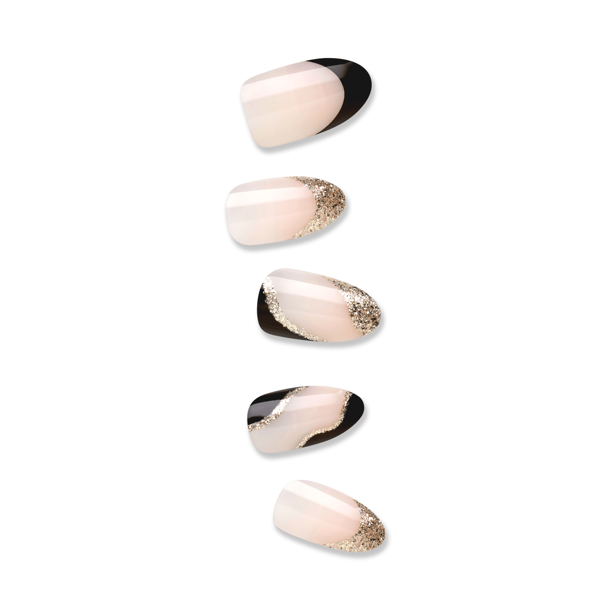 Five press-on nails with a modern French tip design in soft nude with gold glitter accents and black detailing along the edges, shown on a plain background.