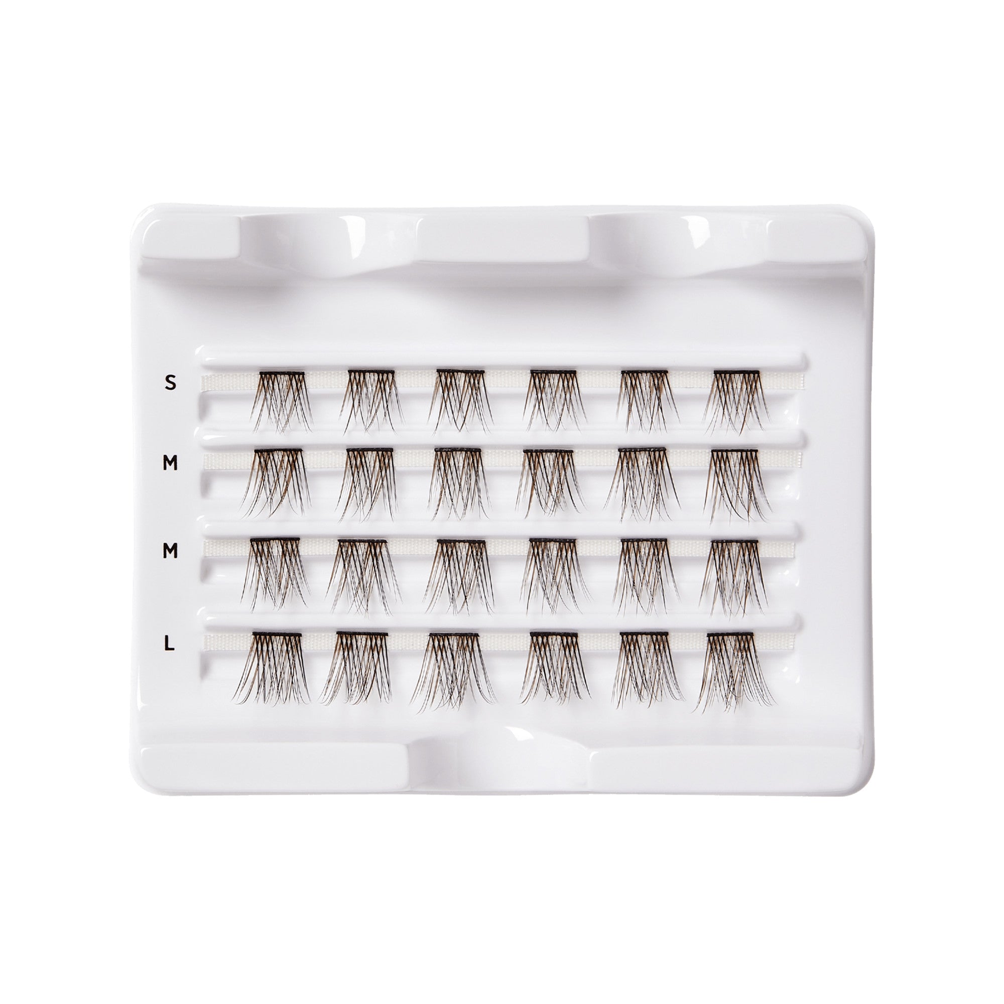 Multipack set of FALSCARA Bambi Wisps false eyelashes in varying sizes (S, M, L) displayed in white plastic tray, multiple clusters per row.