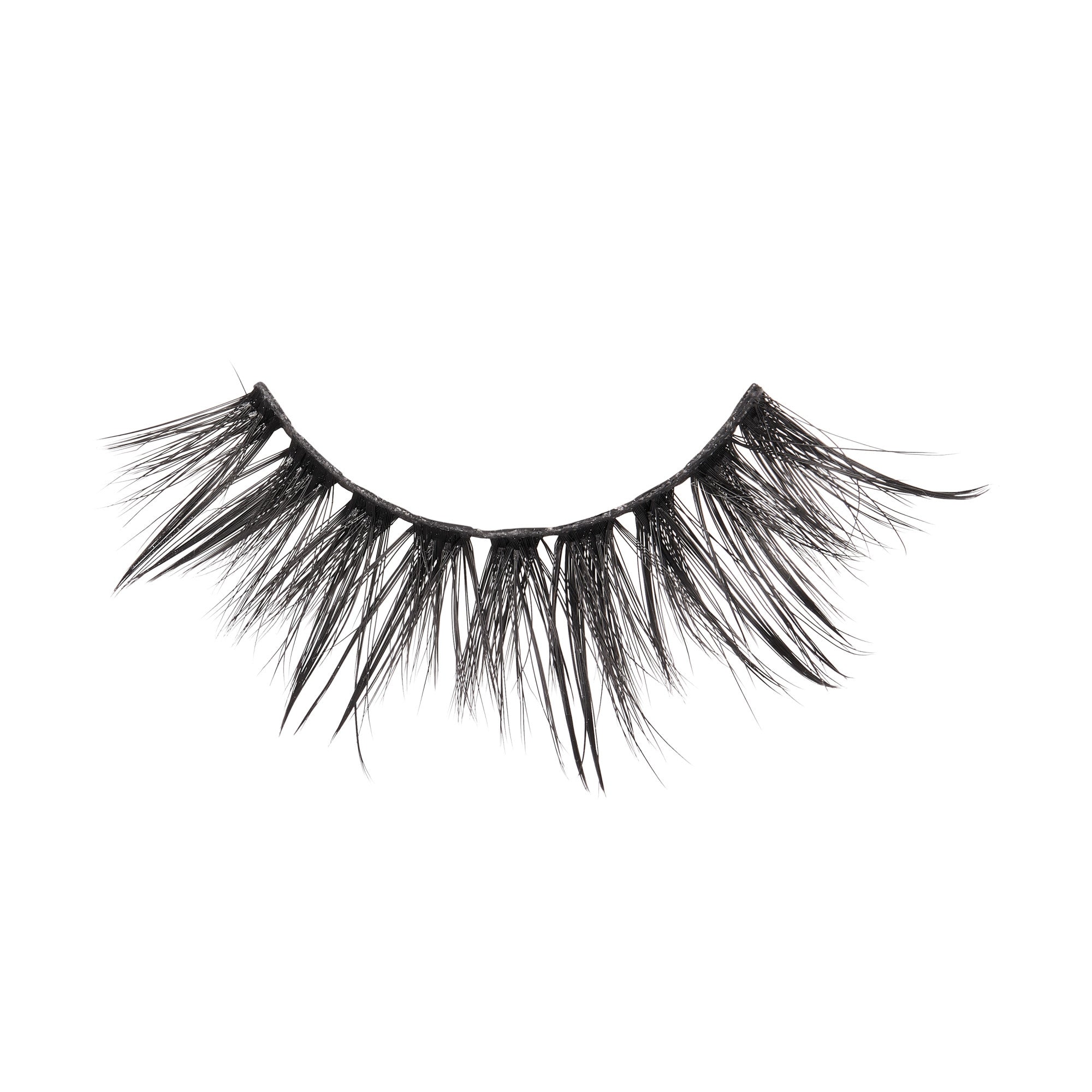 Black false eyelash with a wispy, spiked design and varying lengths, shown on a white background with no packaging or text.