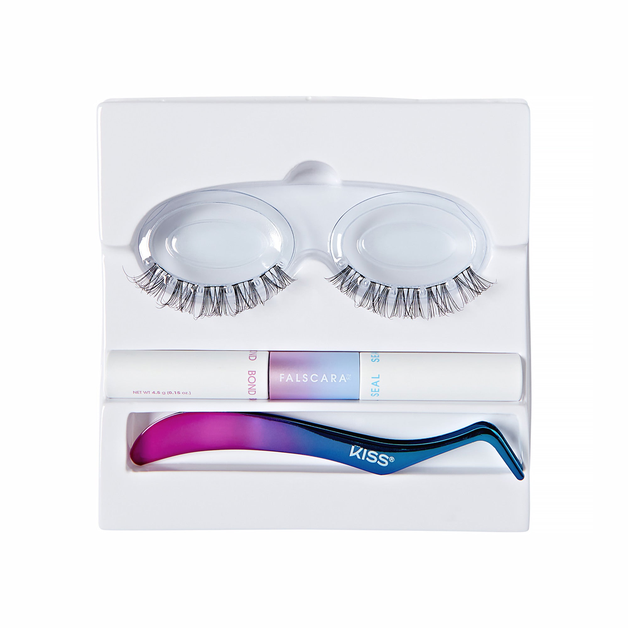 KISS false eyelashes kit with mascara, lash applicator, and adhesive in white packaging.