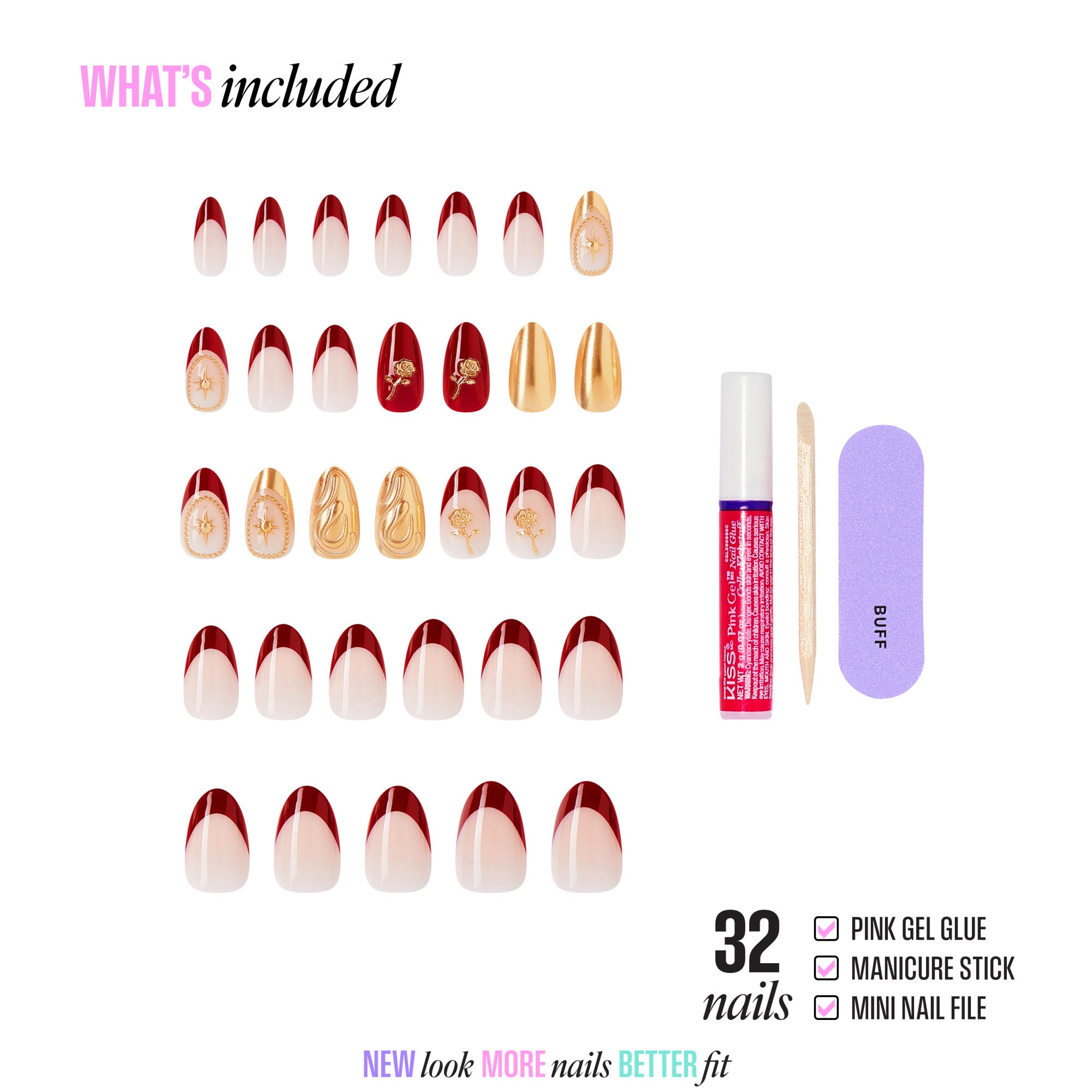 Kiss Glam 3D & Jeweled Press On Fake Glue Nails - Weekend | 3D & Jewel Design, Red, Medium, Almond