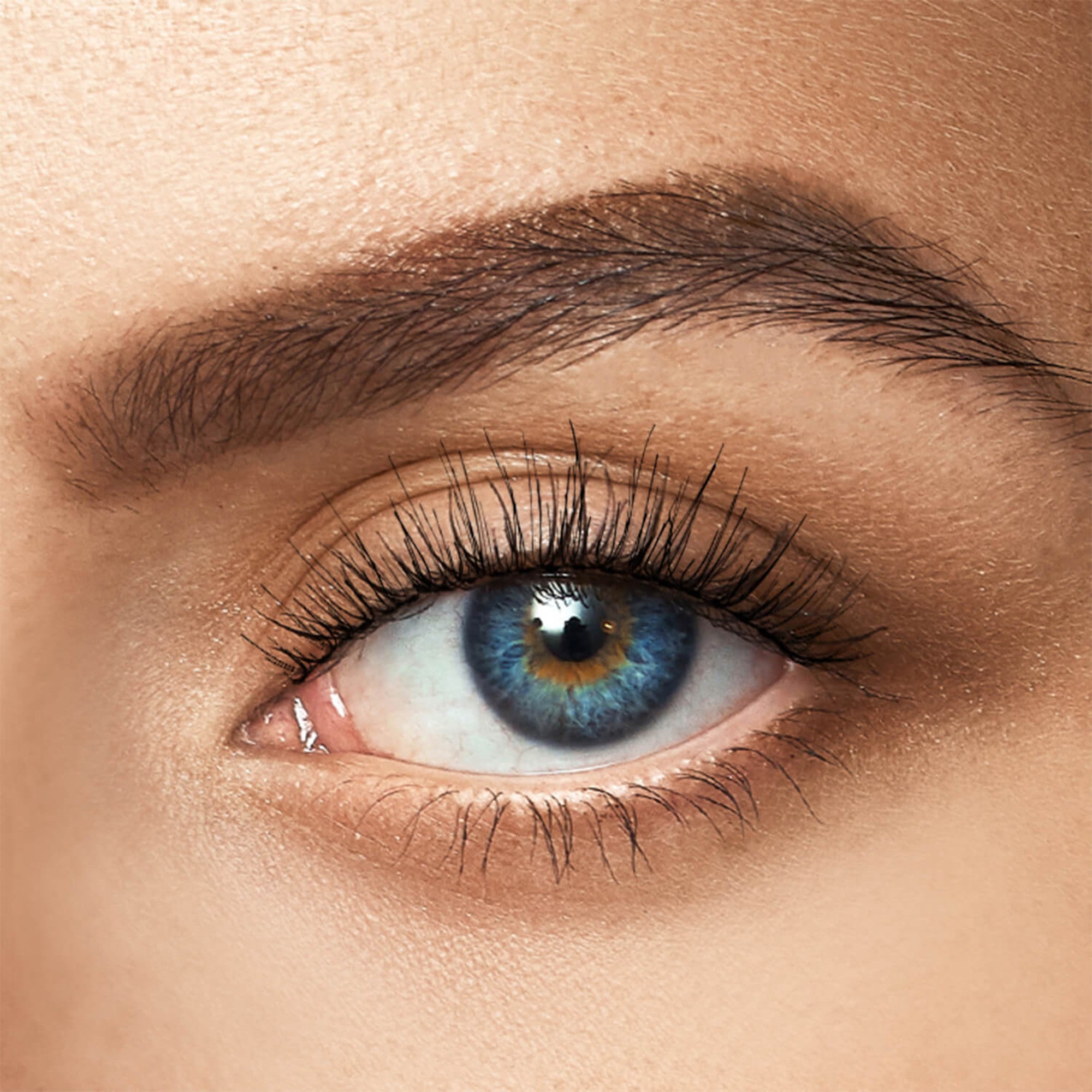 Close-up of a blue eye with long, natural-looking black false eyelashes applied, showcasing the effect of KISS Ever Ez Lash with a clean, neutral skin tone background.