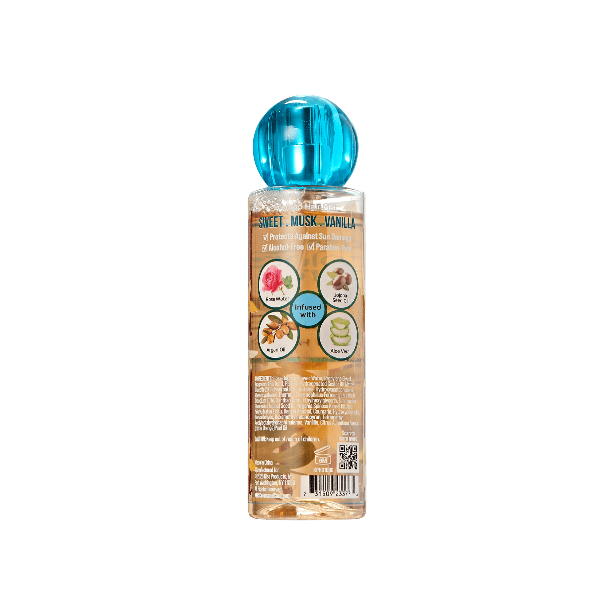 Clear 4 oz spray bottle with blue round cap shows KISS Colors & Care Hair Veil Mist in Sugarcloud Mirage scent.