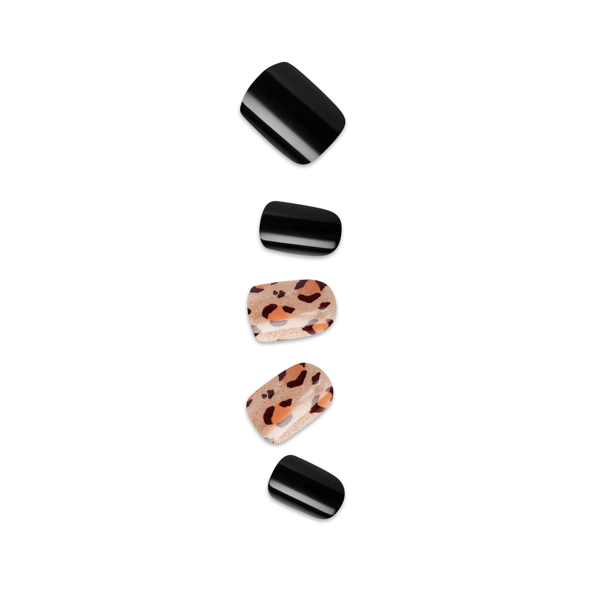 Five press-on nails displayed vertically, featuring glossy solid black and beige leopard print designs with brown and black spots.