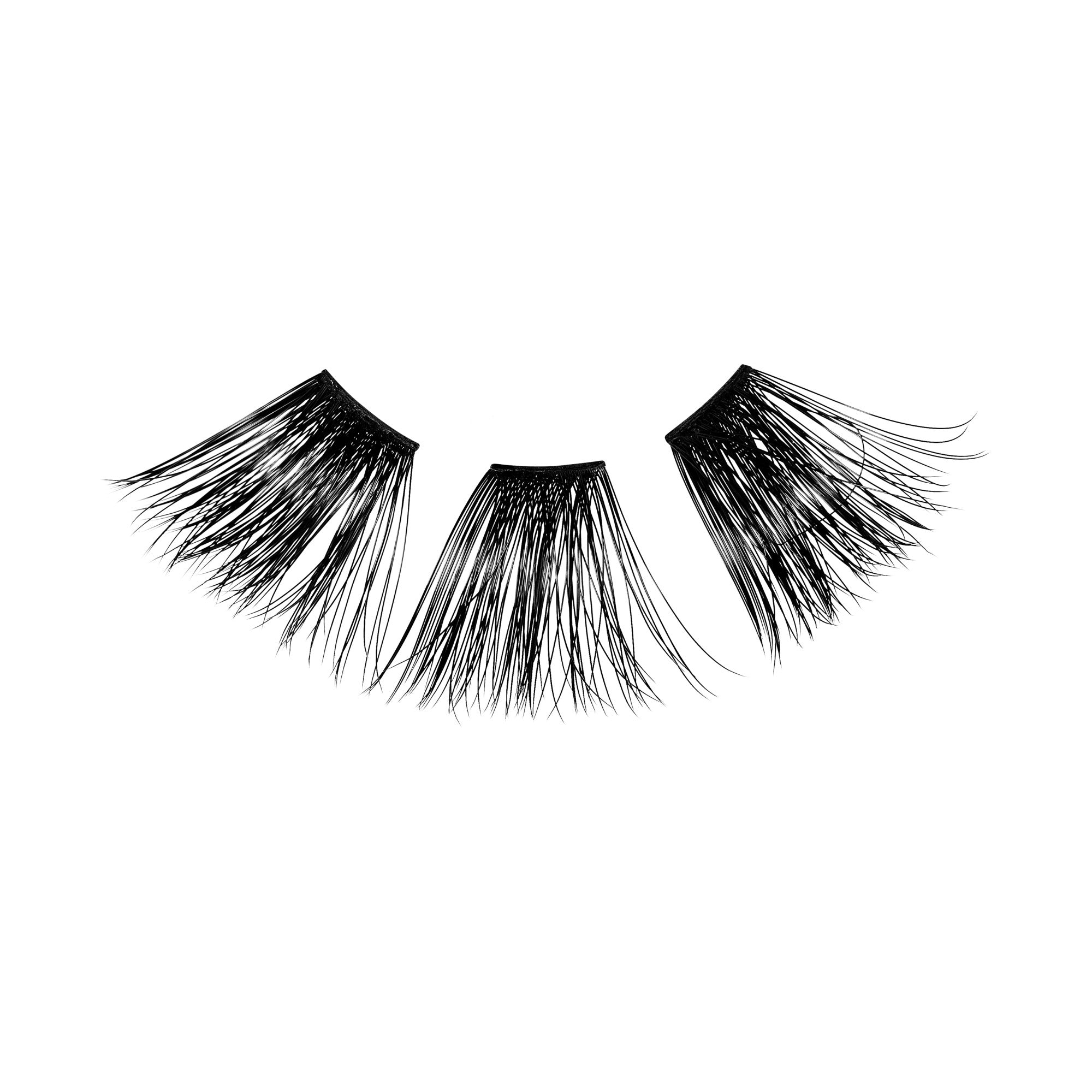Three sections of black false eyelashes with long, wispy strands, arranged in a curved line on a white background.