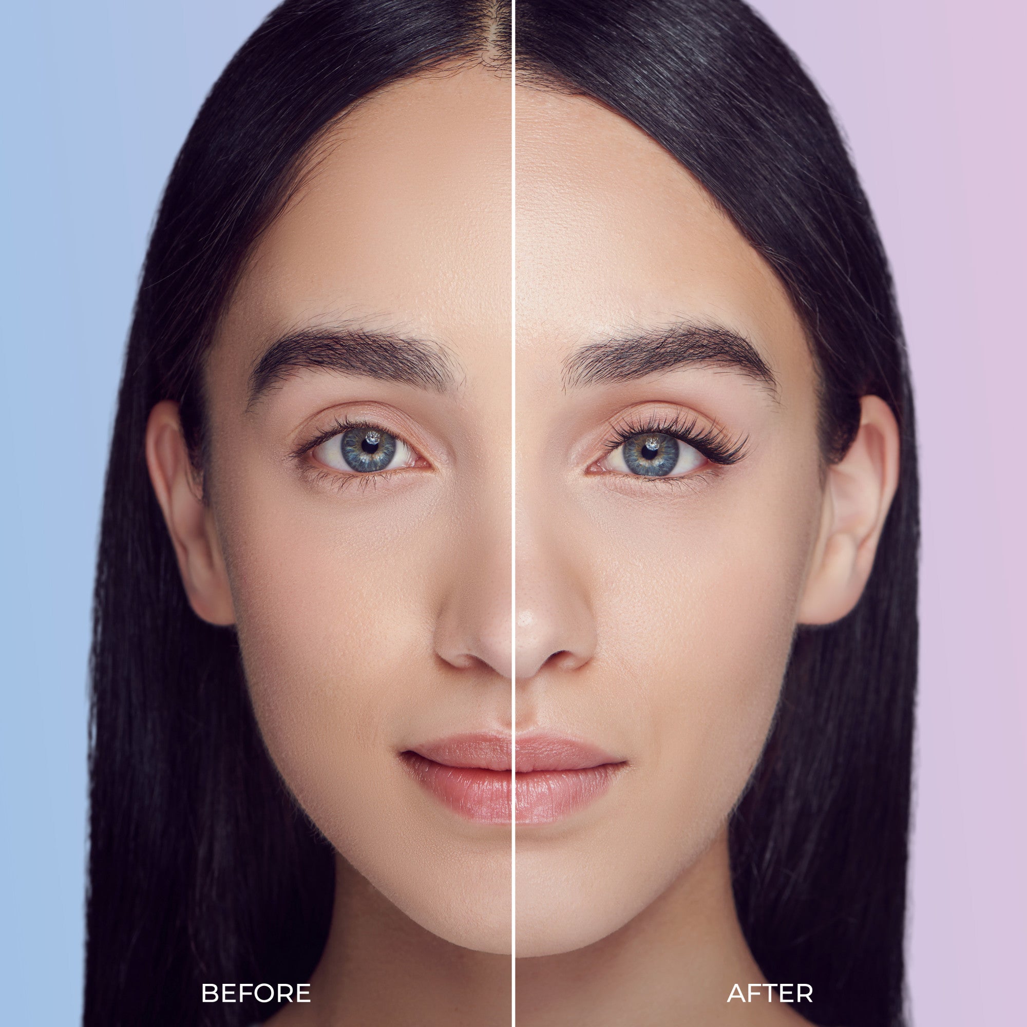 Face split into two halves showing before and after eyelash enhancement; left side natural lashes, right side longer, fuller lashes with wisps.