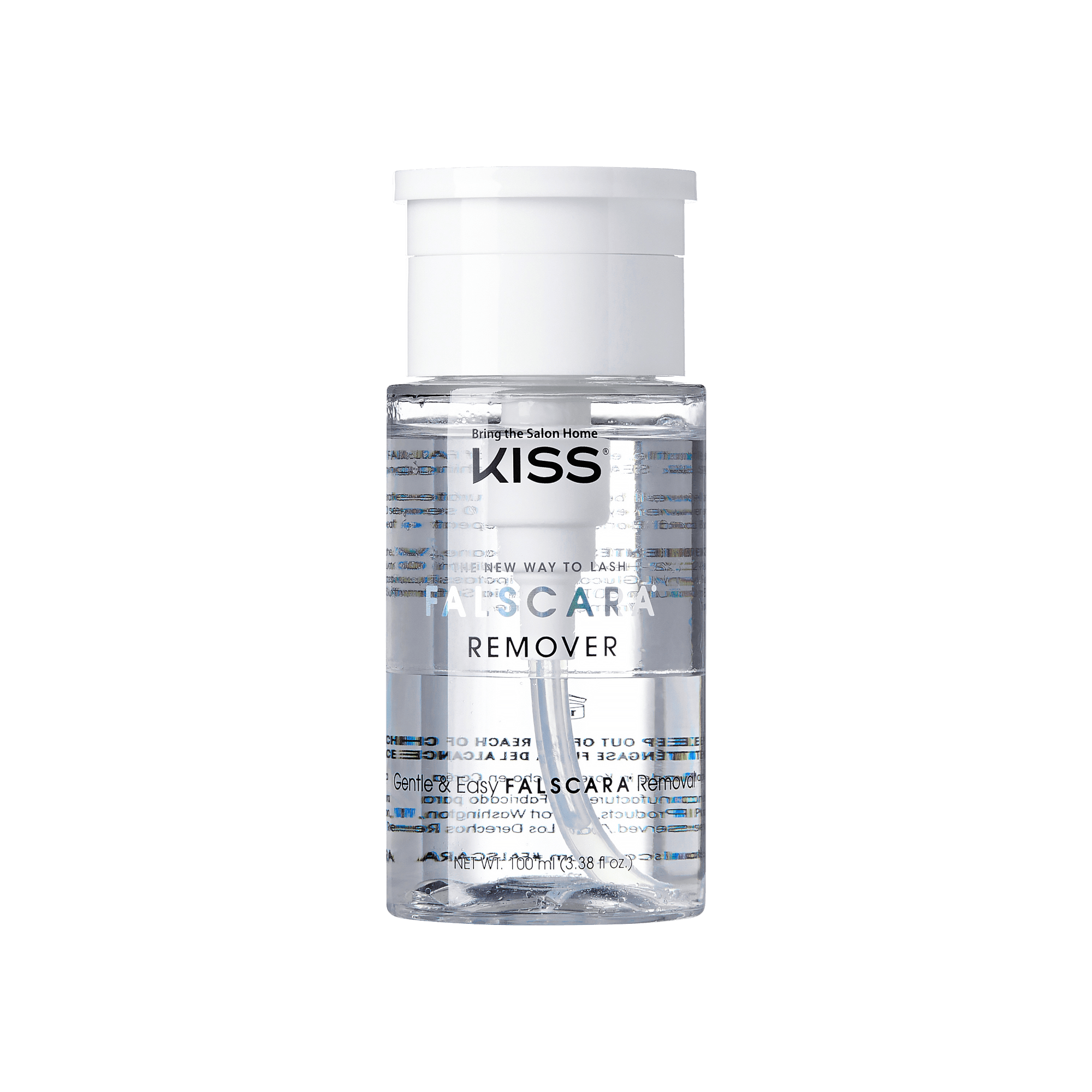 Clear plastic bottle with white cap containing KISS Falscara Remover for lashes, labeled as gentle and easy, with 100 ml (3.38 fl oz) jumbo size.