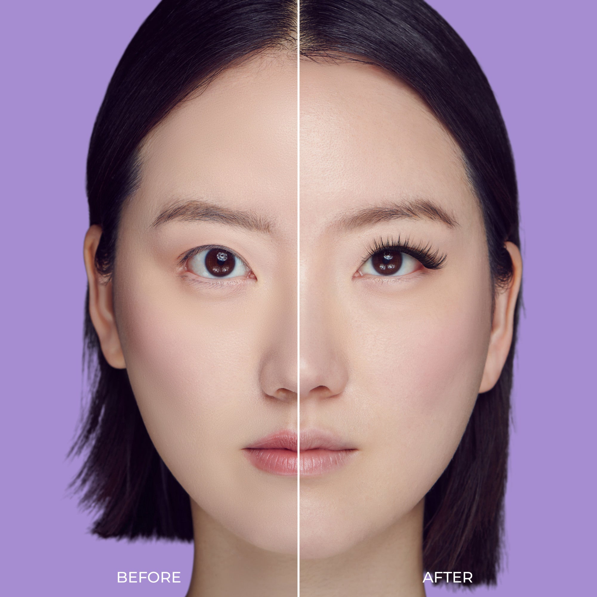 Close-up portrait of a woman split vertically showing a before-and-after effect; left side without eyelashes, right side with long, glamorous false eyelashes. Text at bottom reads \